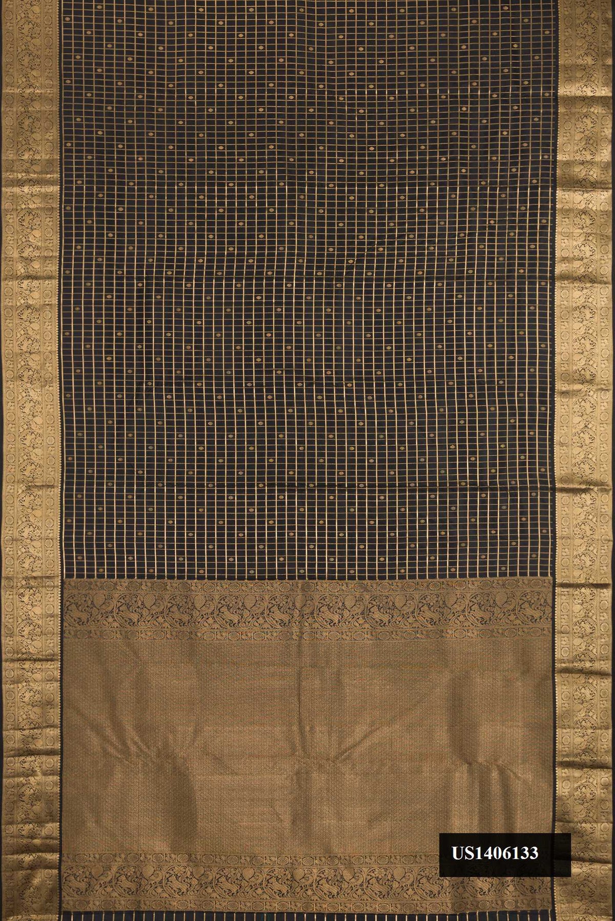 Black Dual Tone Kanchipuram Silk Saree with Checked design on the body and Zari Border.  displayed on a mannequin