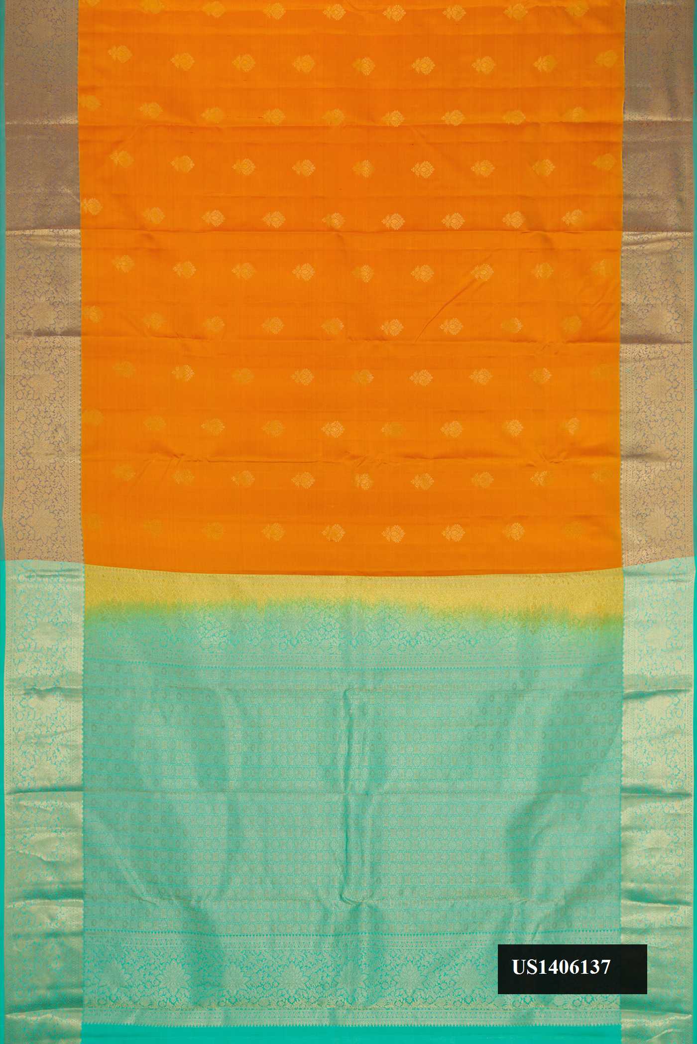 Mustard Dual Tone Kanchipuram Silk Saree with Zari Butta on the body and Zari Border.  displayed on a mannequin