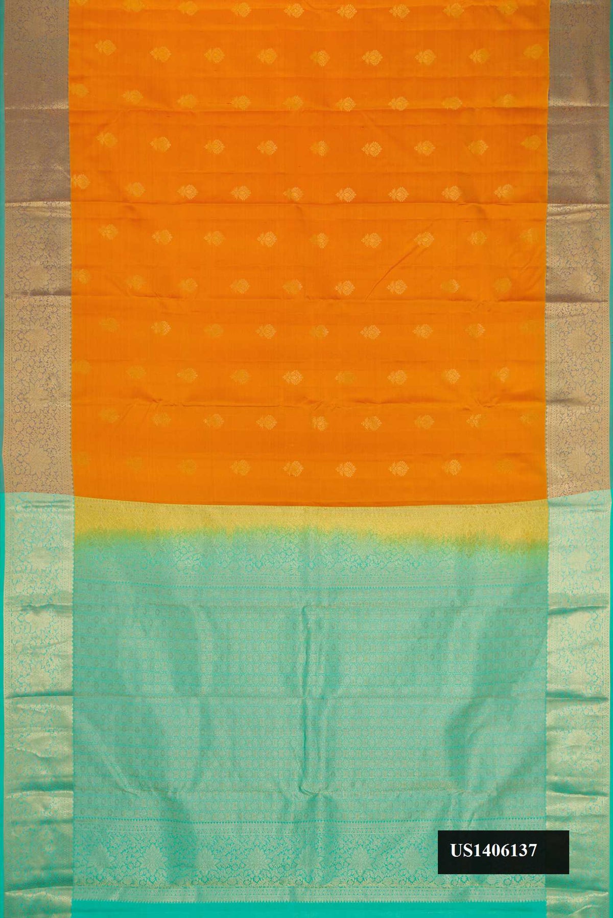 Mustard Dual Tone Kanchipuram Silk Saree with Zari Butta on the body and Zari Border.  displayed on a mannequin