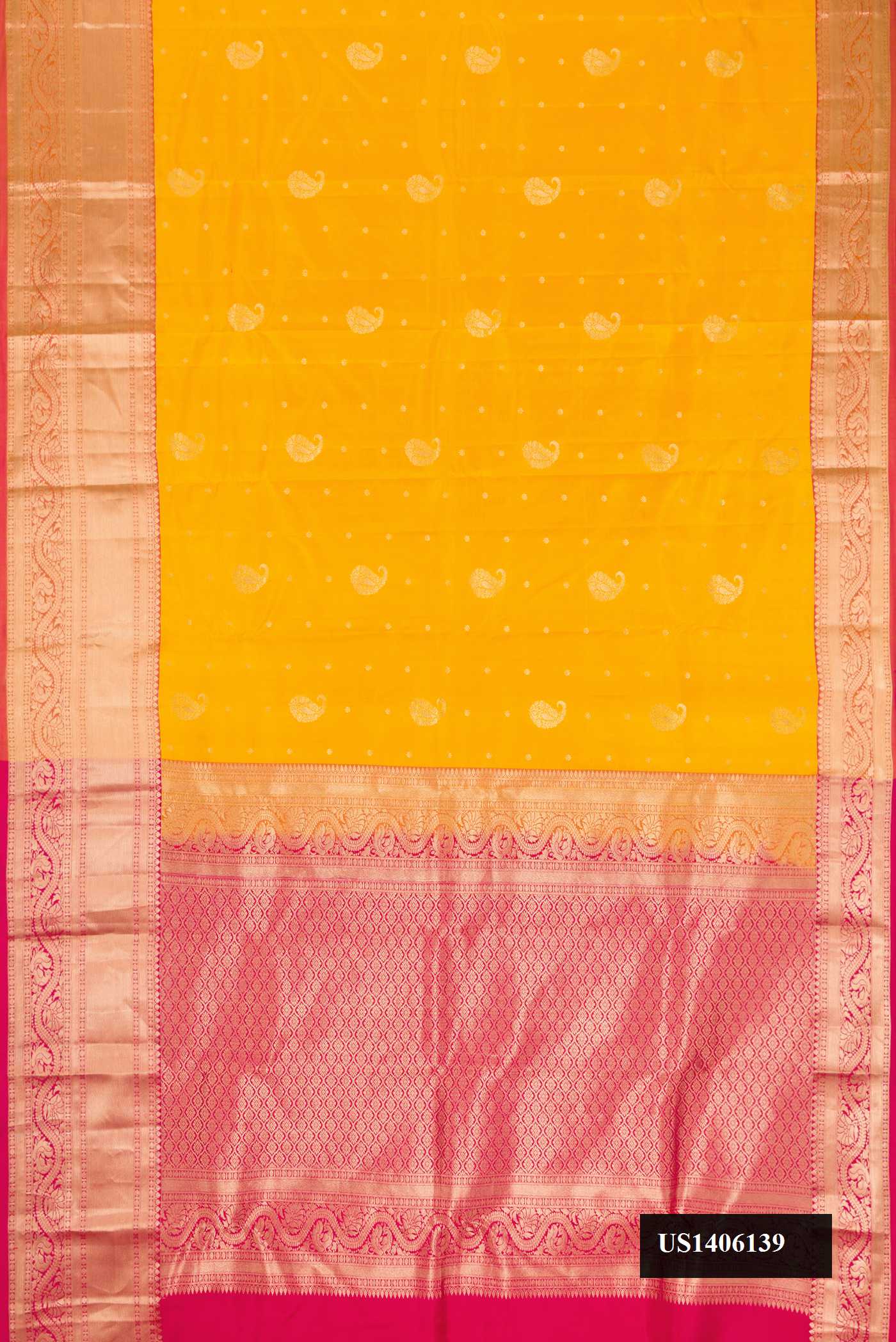 Mustard Dual Tone Kanchipuram Silk Saree with Zari Butta on the body and Zari Border.  displayed on a mannequin