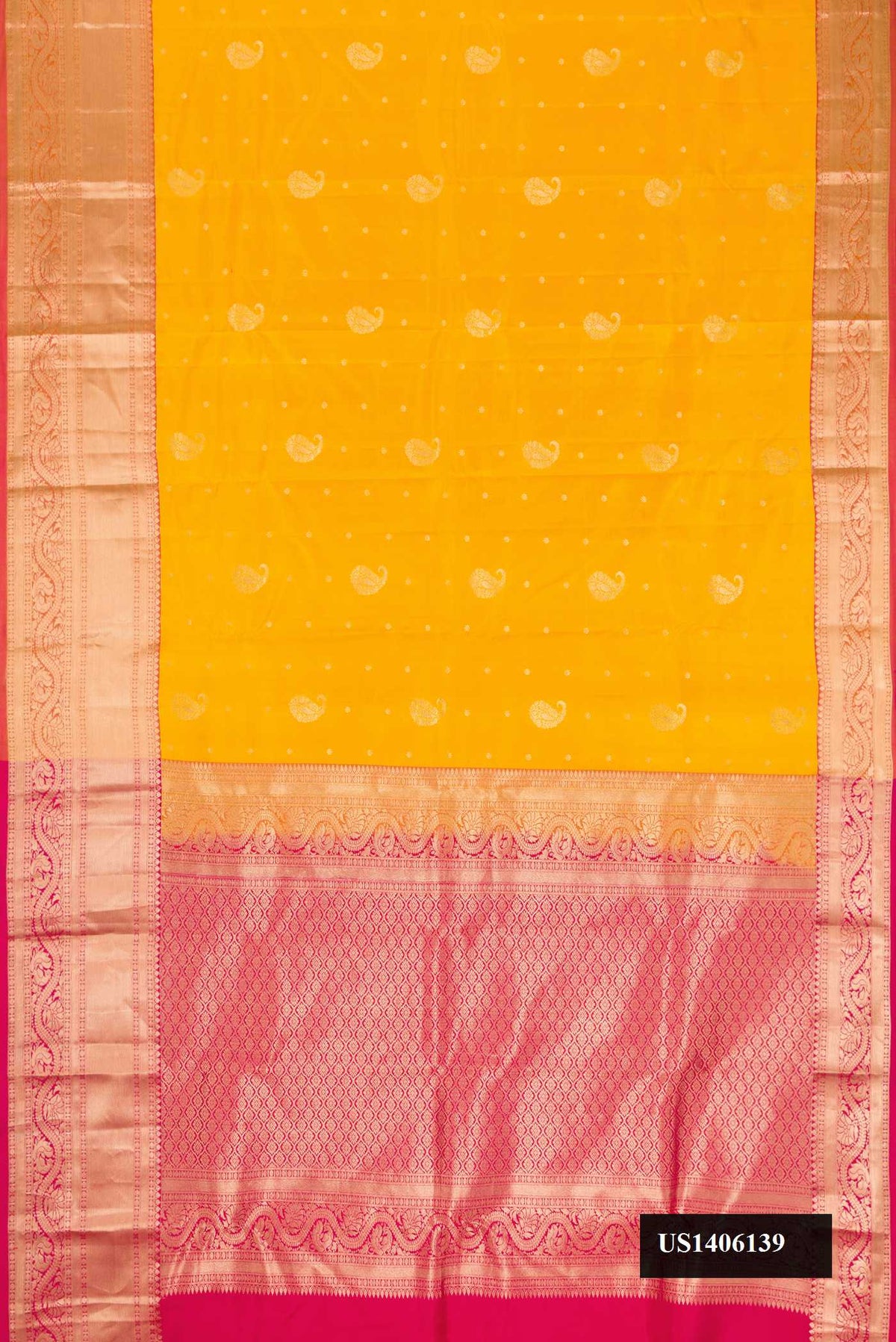 Mustard Dual Tone Kanchipuram Silk Saree with Zari Butta on the body and Zari Border.  displayed on a mannequin