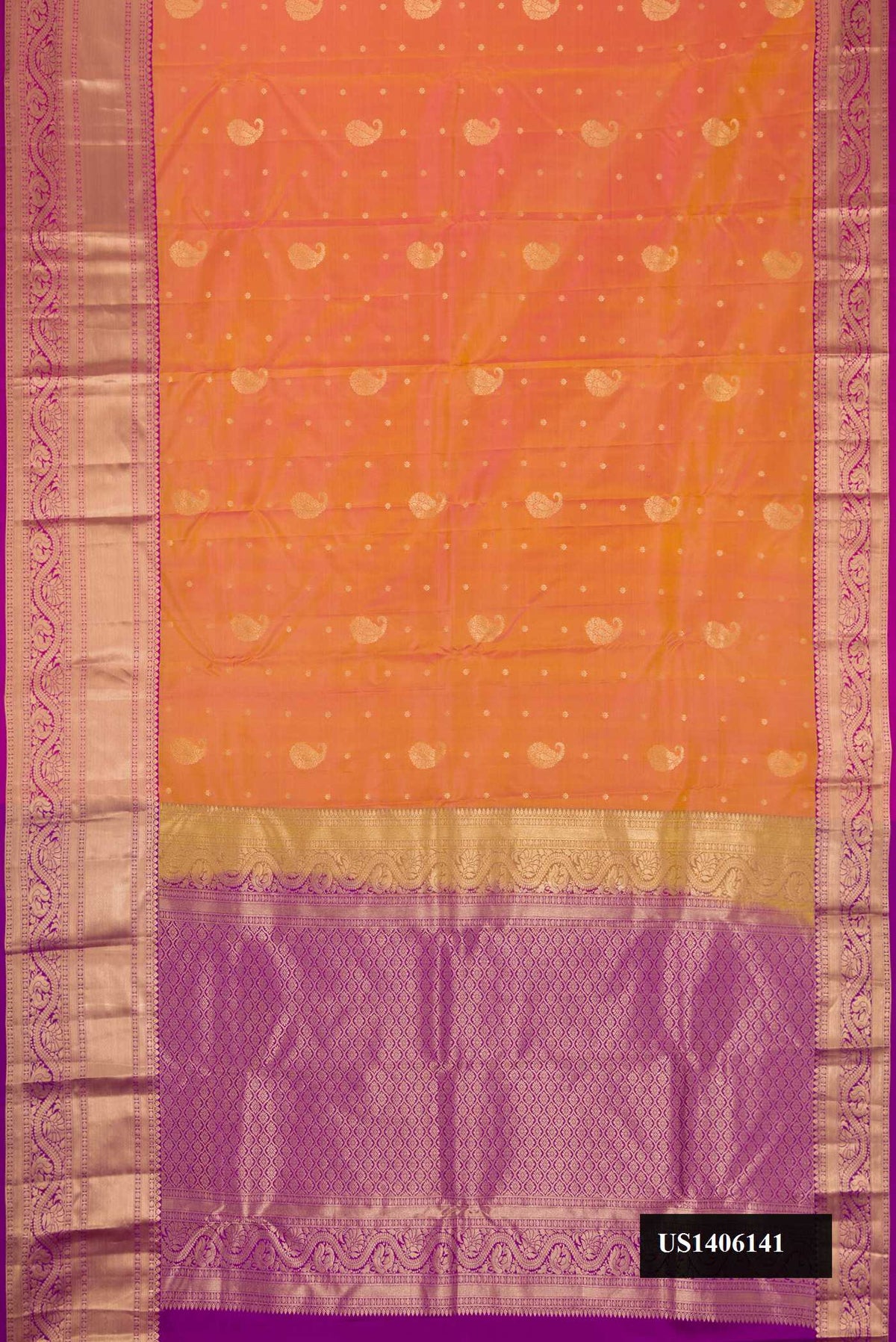 Mustard Dual Tone Kanchipuram Silk Saree with Zari Butta on the body and Zari Border.  displayed on a mannequin