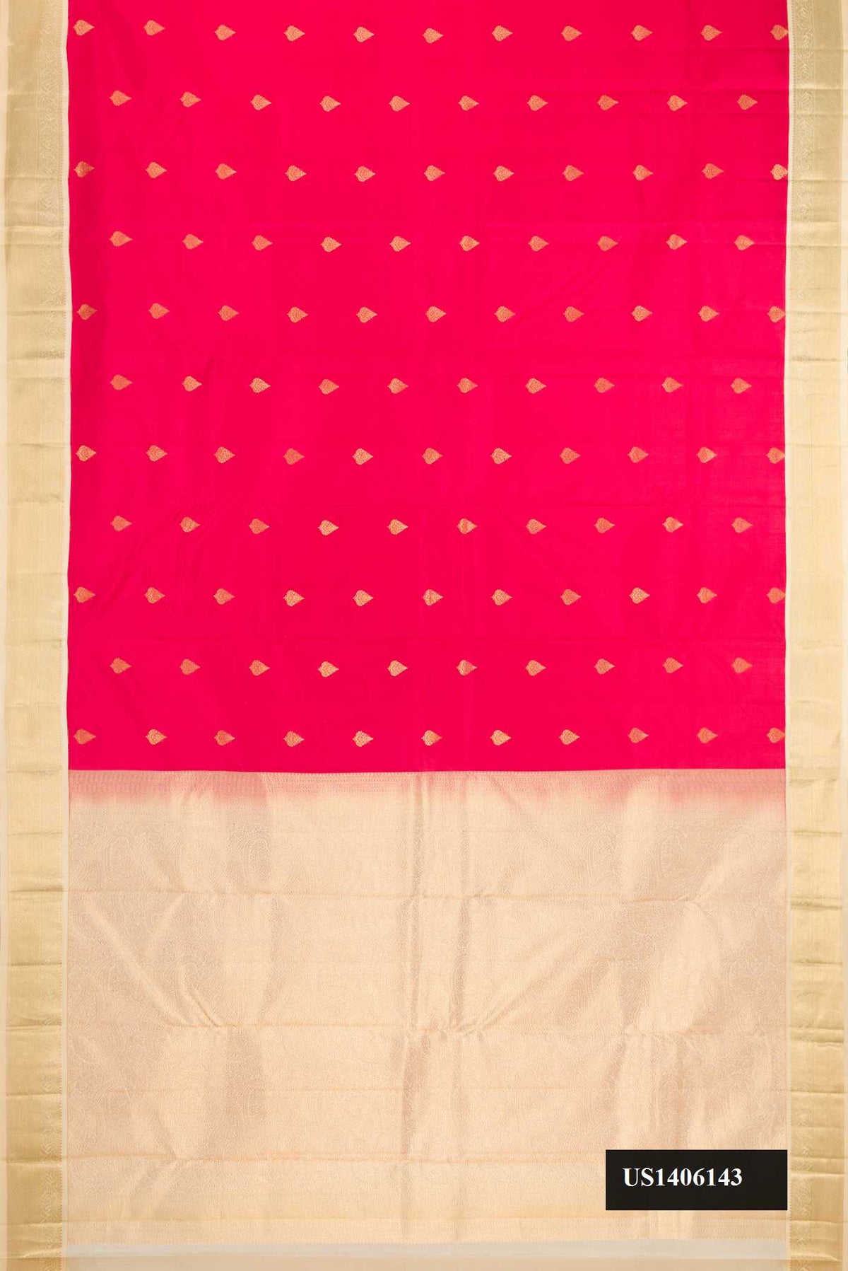 Red Dual Tone Kanchipuram Silk Saree with Zari Butta on the body and Zari Border.  displayed on a mannequin