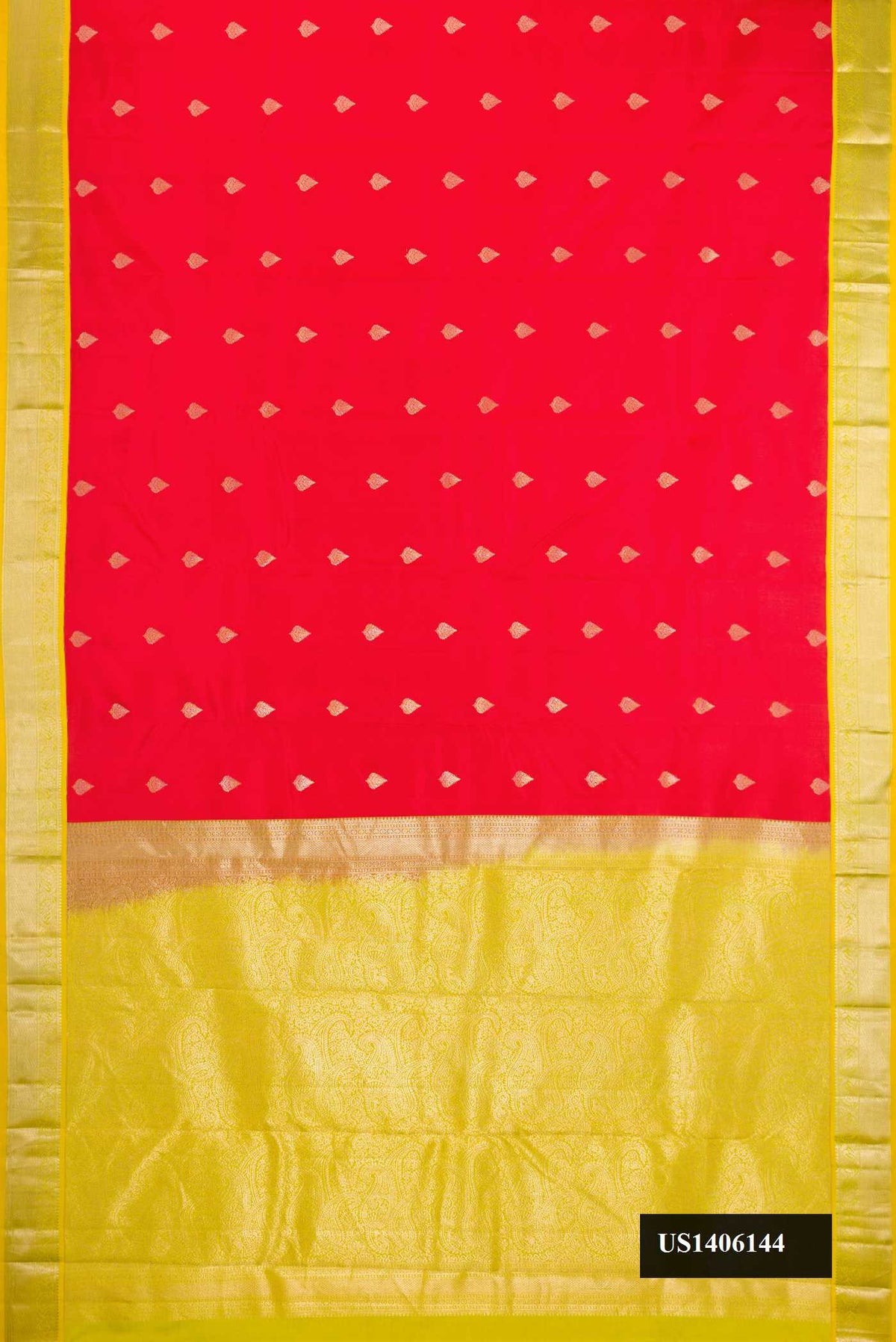 Red Dual Tone Kanchipuram Silk Saree with Zari Butta on the body and Zari Border.  displayed on a mannequin
