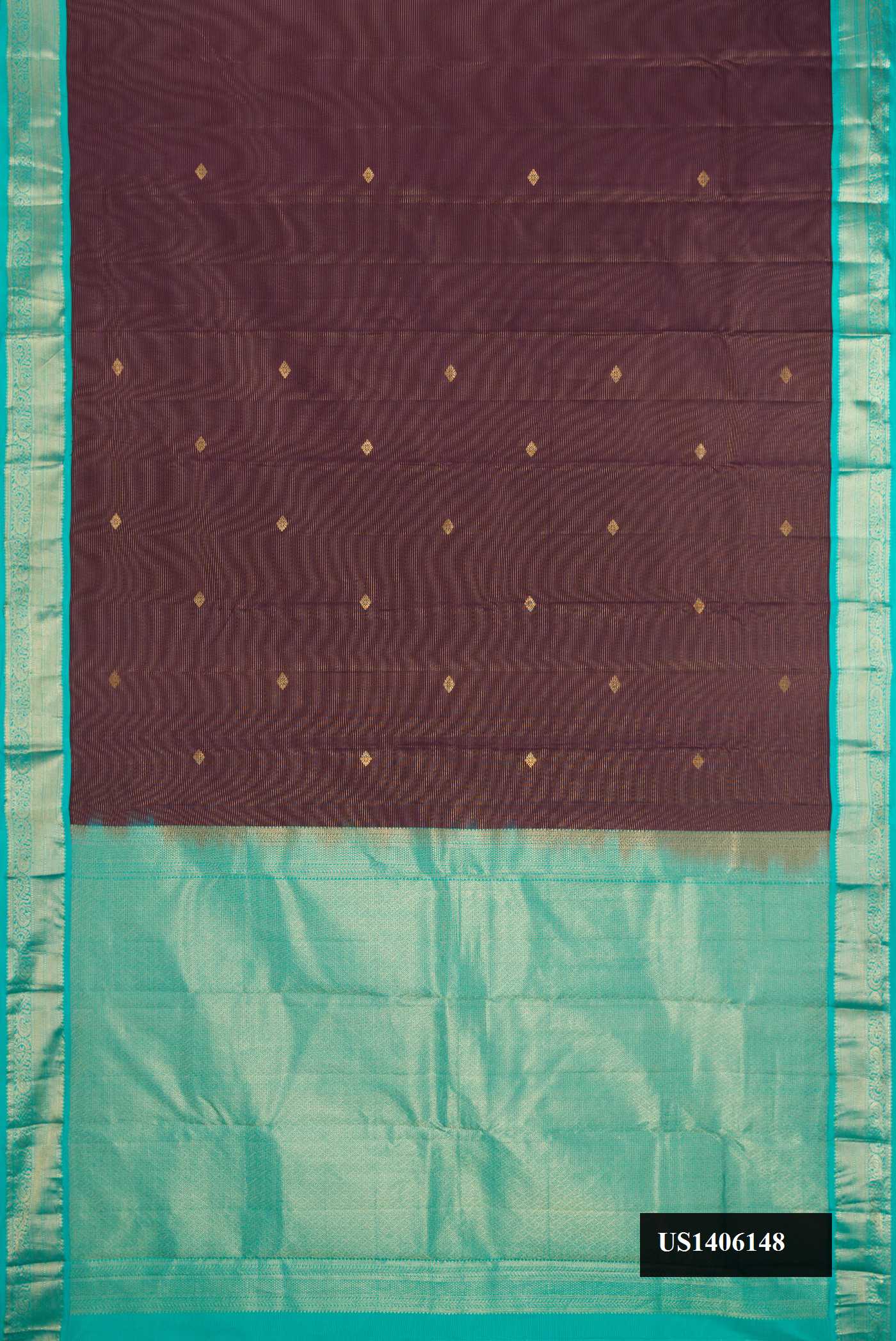 Burgundy Dual Tone Kanchipuram Silk Saree with Stripes on the body and Zari Border.  displayed on a mannequin