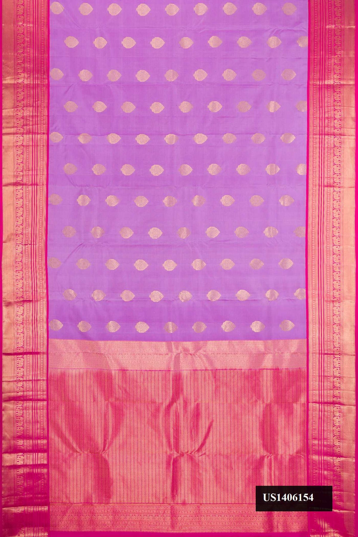 Lavender Dual Tone Kanchipuram Silk Saree with Zari Butta on the body and Zari Border.  displayed on a mannequin