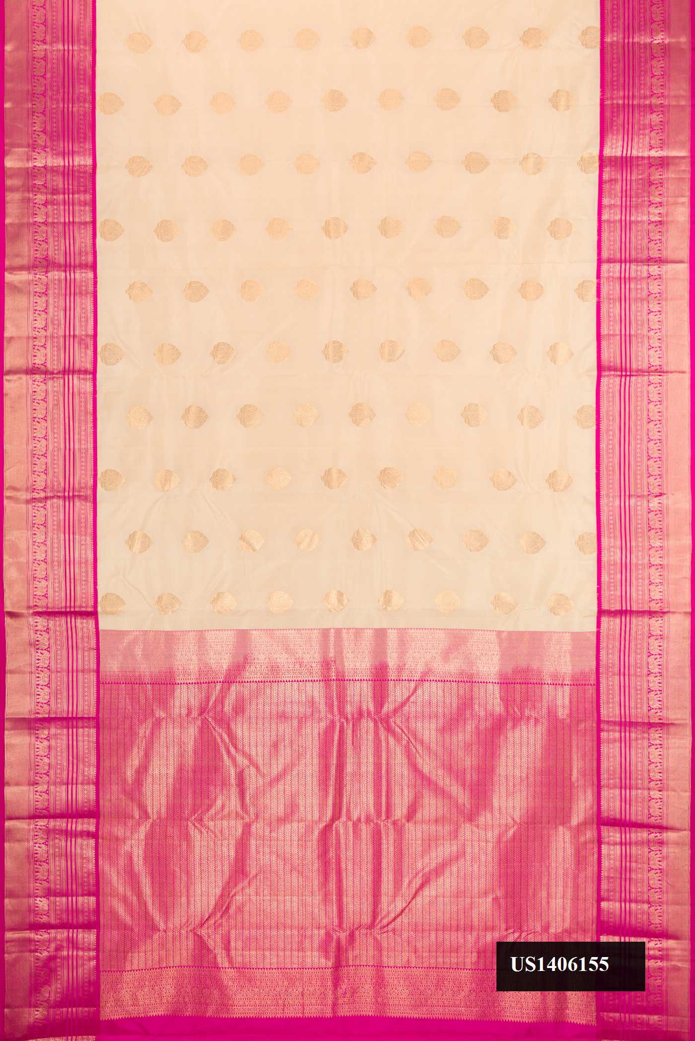 Sandal Dual Tone Kanchipuram Silk Saree with Zari Butta on the body and Zari Border.  displayed on a mannequin