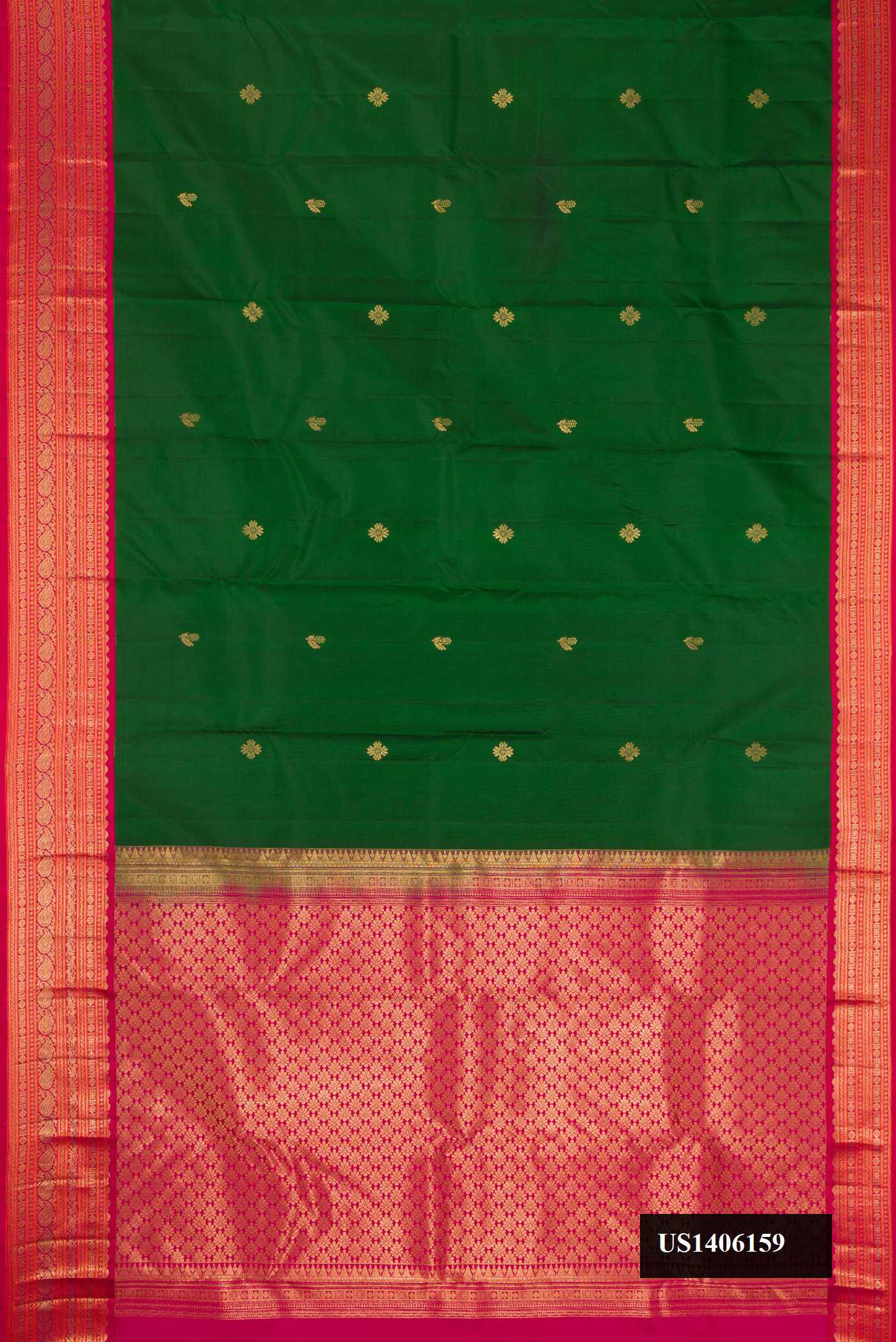 Bottle Green Dual Tone Kanchipuram Silk Saree with Zari Butta on the body and Zari Border.  displayed on a mannequin