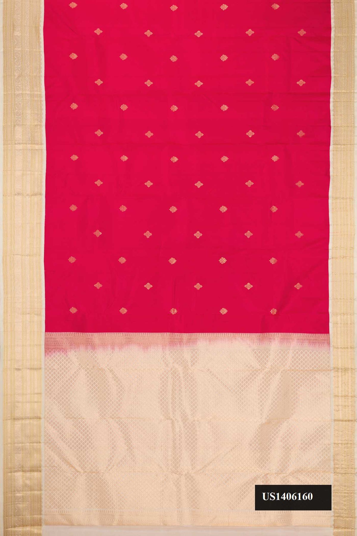 Dark Pink Dual Tone Kanchipuram Silk Saree with Zari Butta on the body and Zari Border.  displayed on a mannequin
