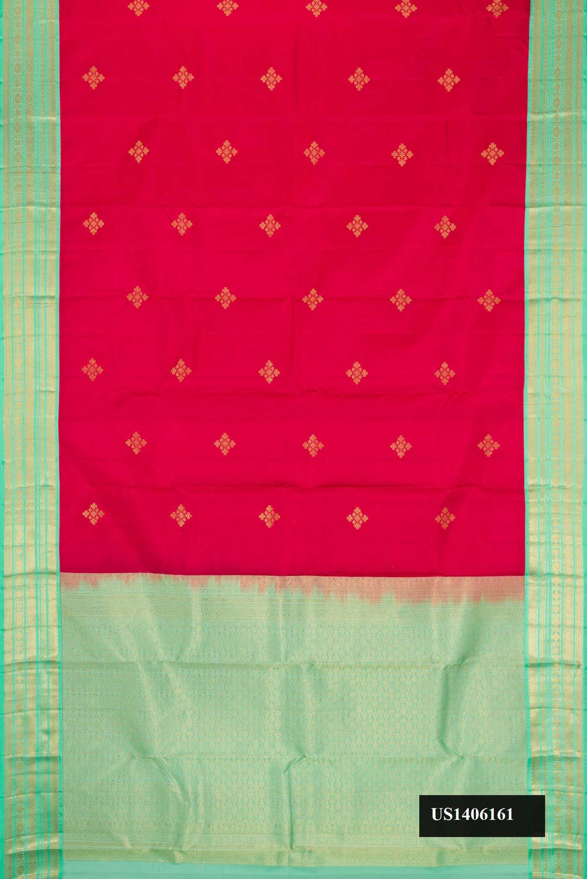 Dark Pink Dual Tone Kanchipuram Silk Saree with Zari Butta on the body and Zari Border.  displayed on a mannequin