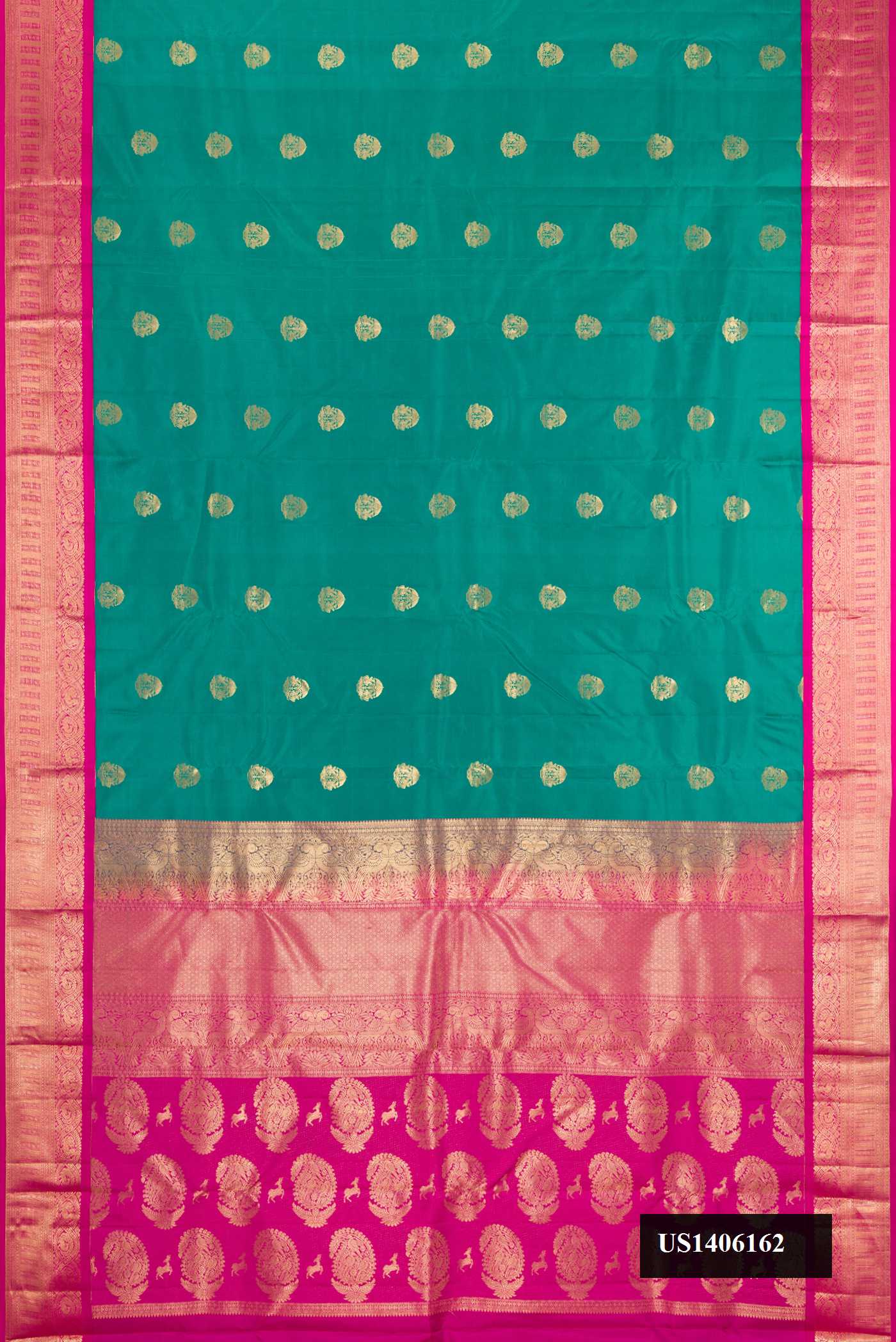 Green Dual Tone Kanchipuram Silk Saree with Zari Butta on the body and Zari Border.  displayed on a mannequin
