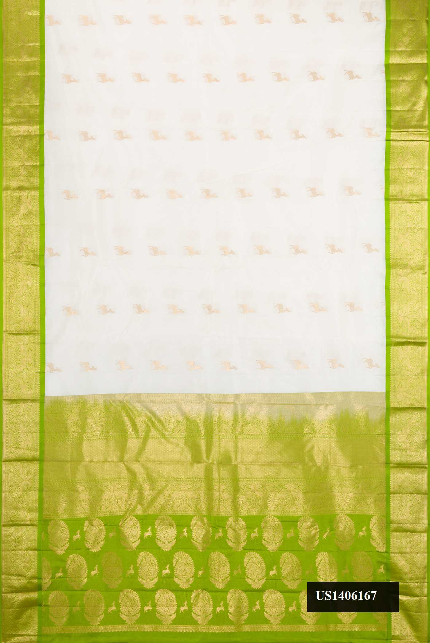 White Dual Tone Kanchipuram Silk Saree with Zari Butta on the body and Zari Border.  displayed on a mannequin