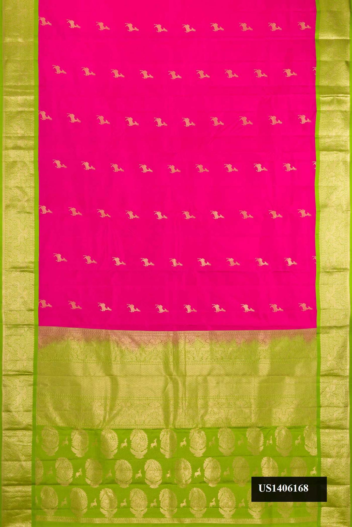 Pink Dual Tone Kanchipuram Silk Saree with Zari Butta on the body and Zari Border.  displayed on a mannequin
