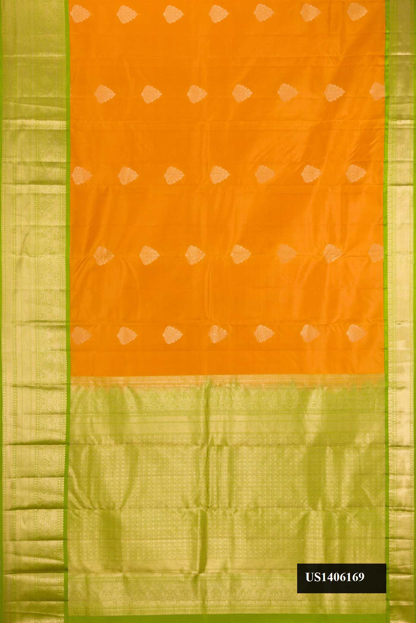 Mustard Dual Tone Kanchipuram Silk Saree with Zari Butta on the body and Zari Border.  displayed on a mannequin