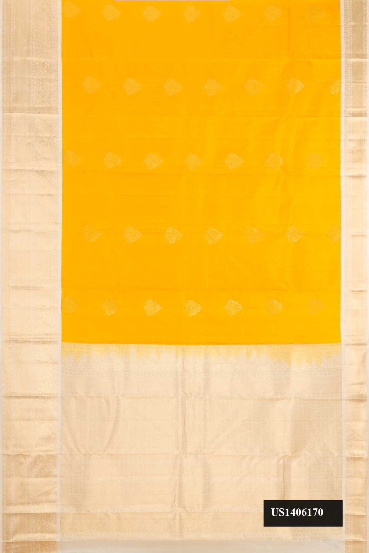 Yellow Dual Tone Kanchipuram Silk Saree with Zari Butta on the body and Zari Border.  displayed on a mannequin
