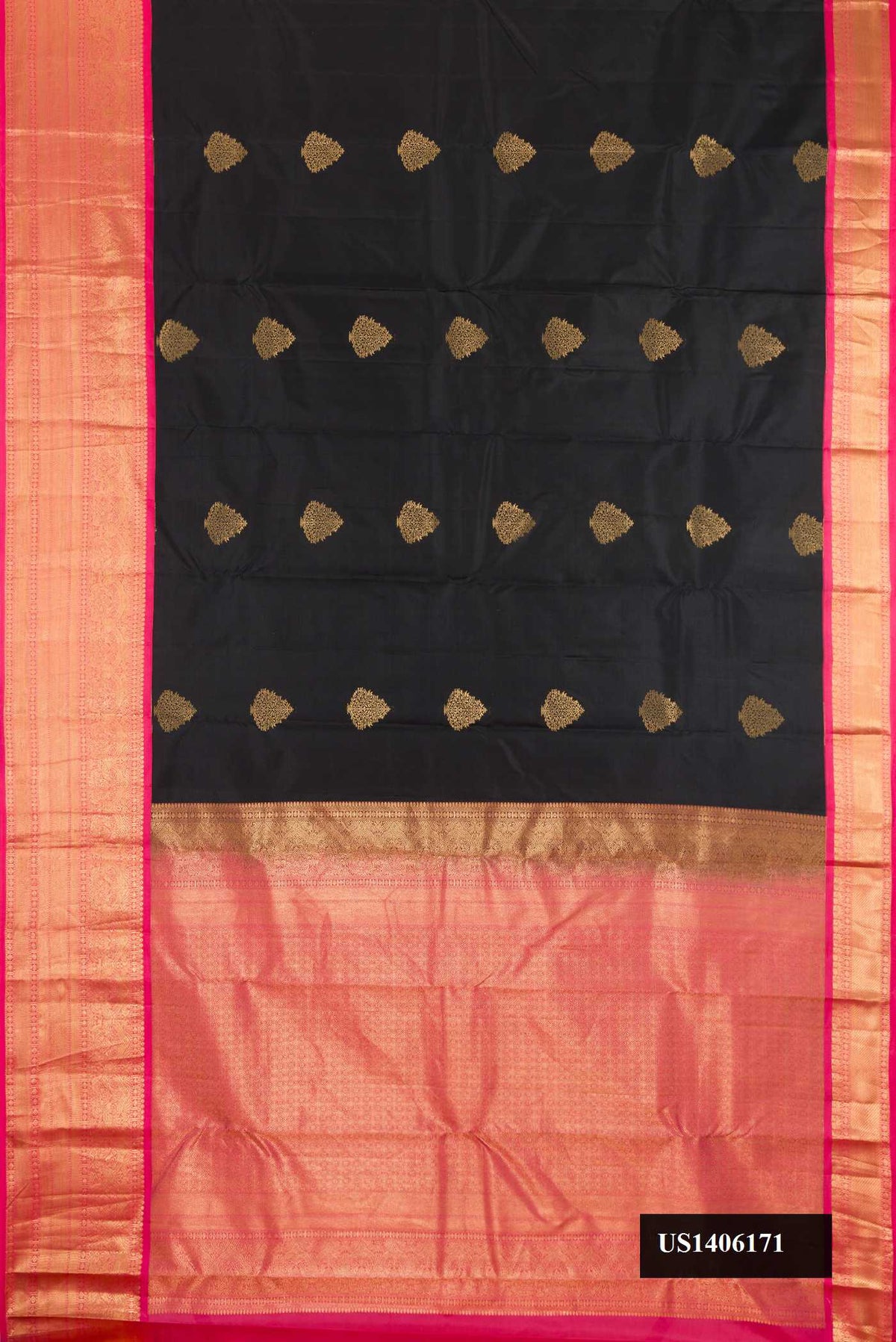 Black Dual Tone Kanchipuram Silk Saree with Zari Butta on the body and Zari Border.  displayed on a mannequin