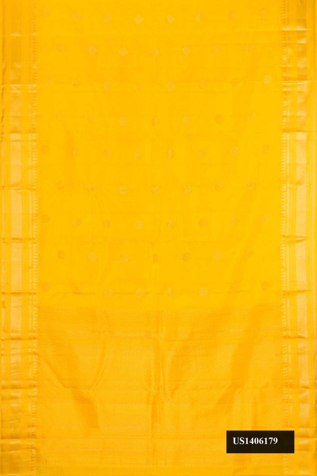Yellow Dual Tone Kanchipuram Silk Saree with Zari Butta on the body and Zari Border.  displayed on a mannequin