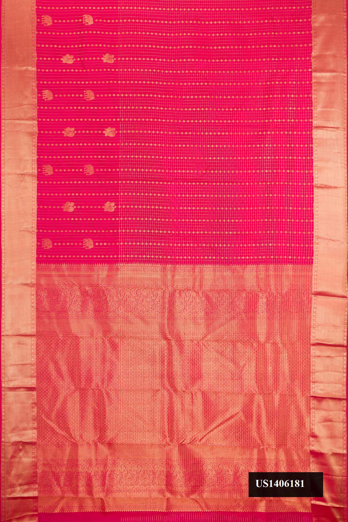 Dark Pink Dual Tone Kanchipuram Silk Saree with Checked design on the body and Zari Border.  displayed on a mannequin
