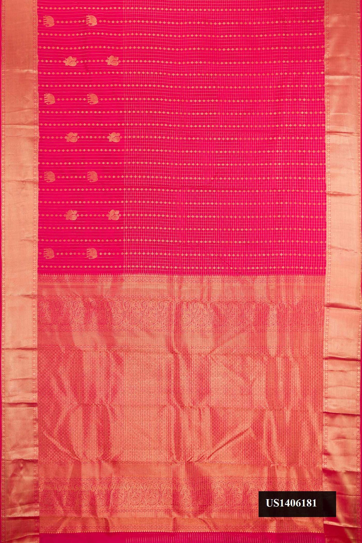 Dark Pink Dual Tone Kanchipuram Silk Saree with Checked design on the body and Zari Border.  displayed on a mannequin