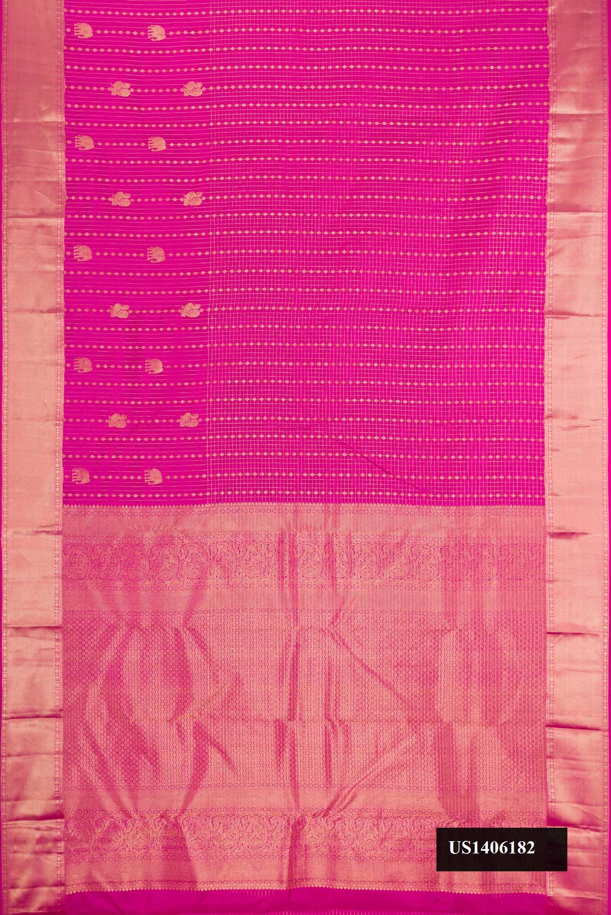 Pink Dual Tone Kanchipuram Silk Saree with Checked design on the body and Zari Border.  displayed on a mannequin
