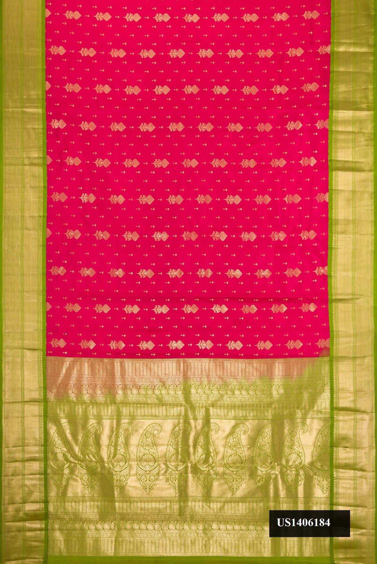 Dark Pink Dual Tone Kanchipuram Silk Saree with Zari Butta on the body and Zari Border.  displayed on a mannequin