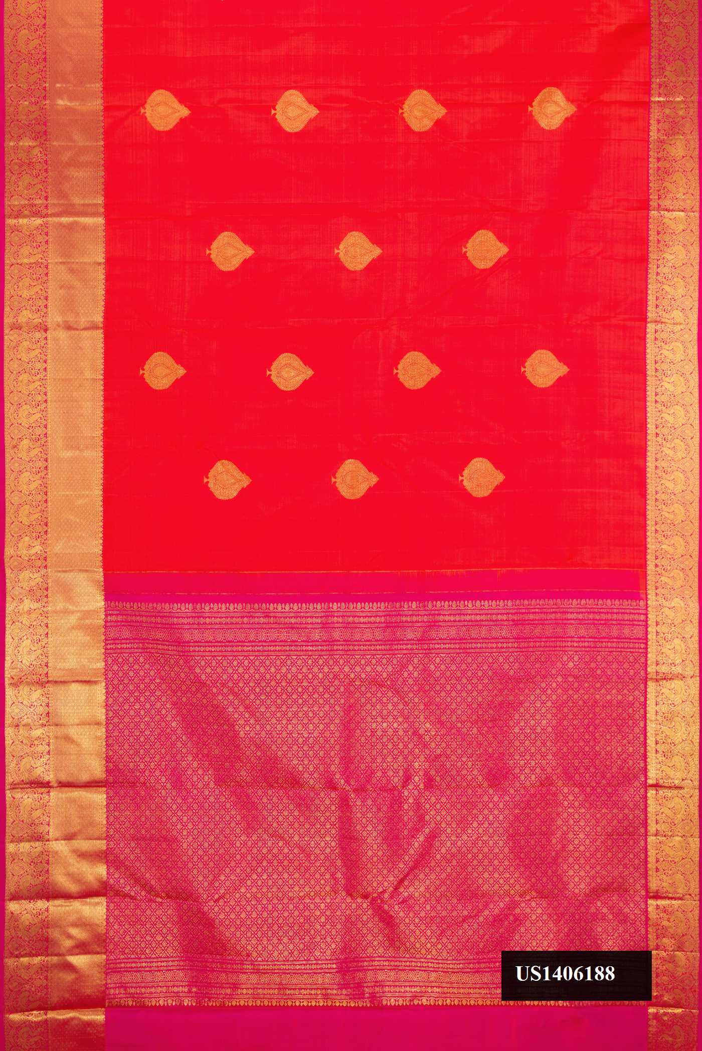 Brick Orange Dual Tone Kanchipuram Silk Saree with Zari Butta on the body and Zari Border.  displayed on a mannequin