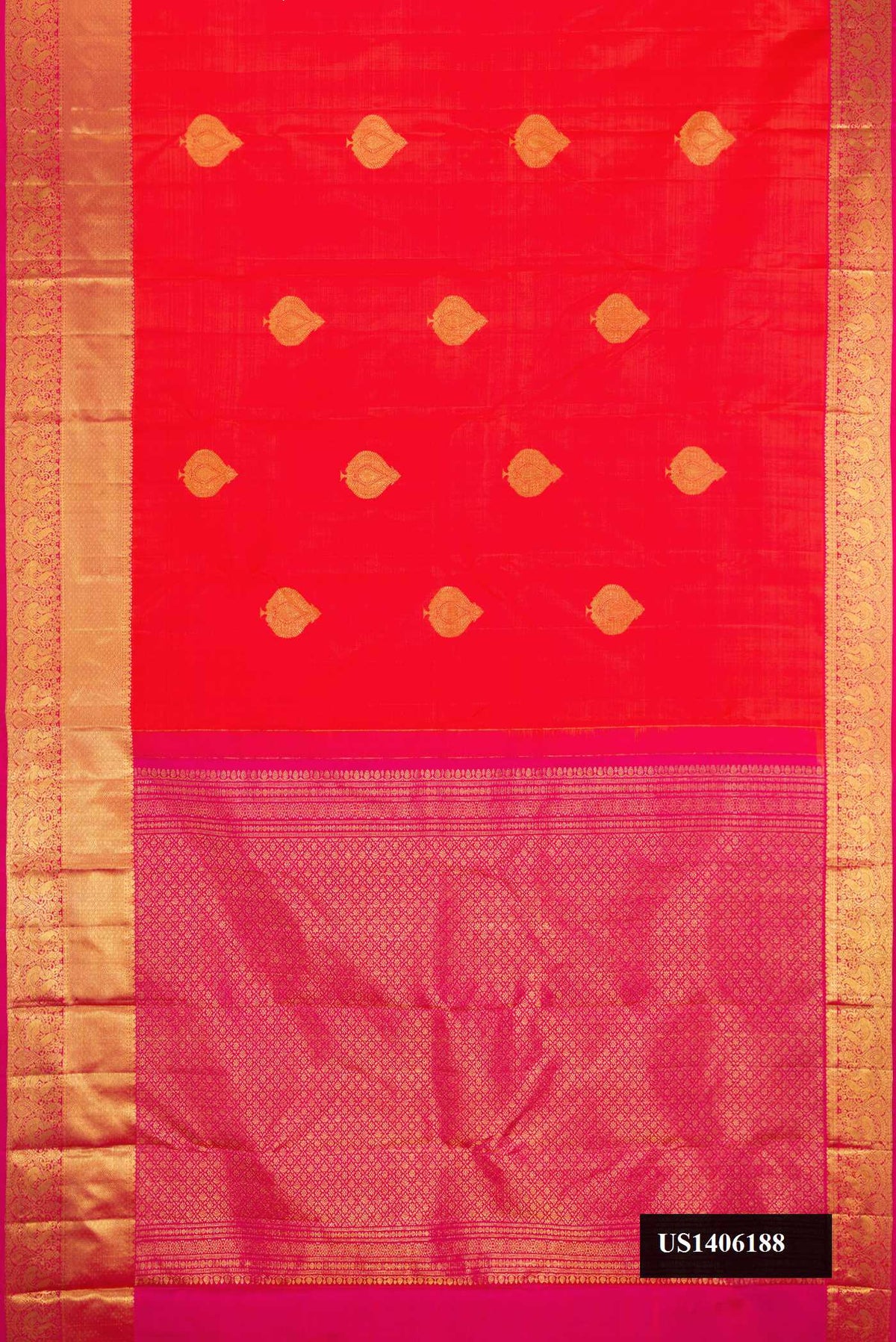 Brick Orange Dual Tone Kanchipuram Silk Saree with Zari Butta on the body and Zari Border.  displayed on a mannequin