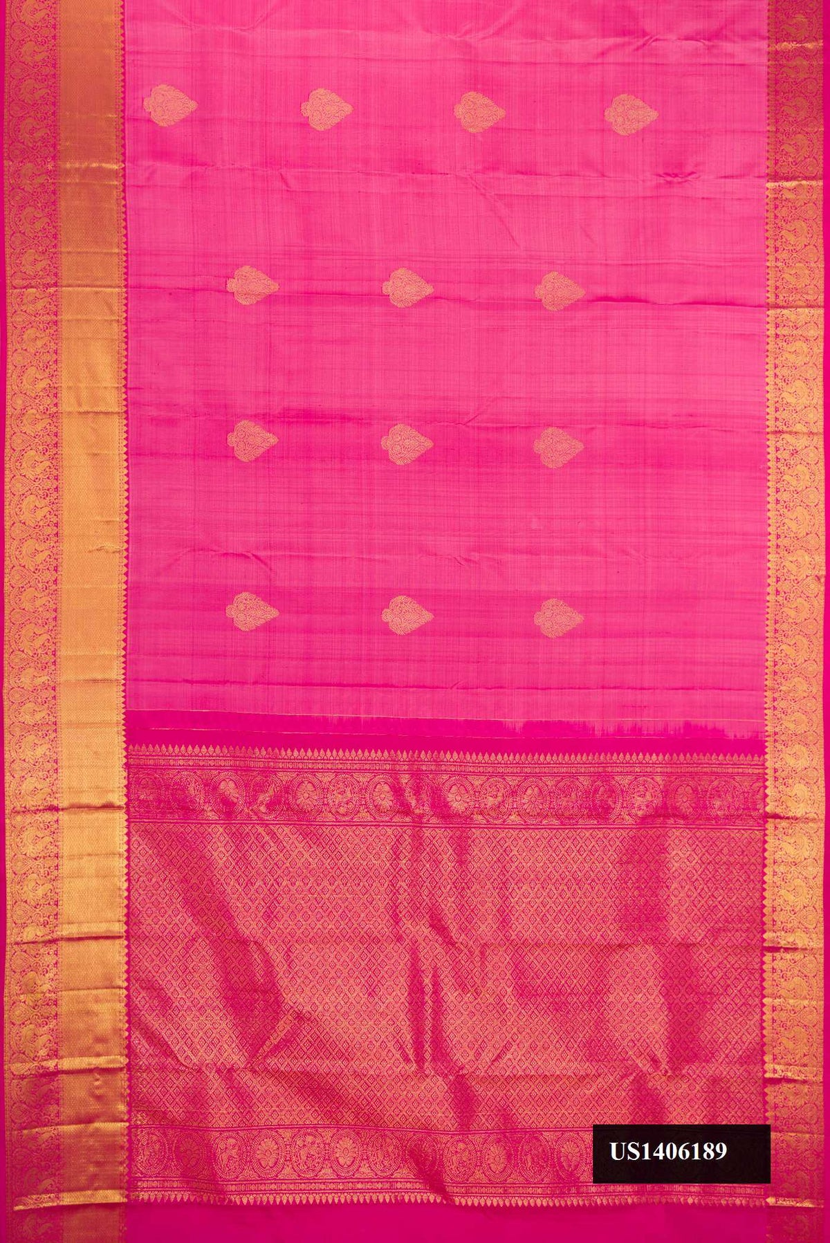 Pink Dual Tone Kanchipuram Silk Saree with Zari Butta on the body and Zari Border.  displayed on a mannequin