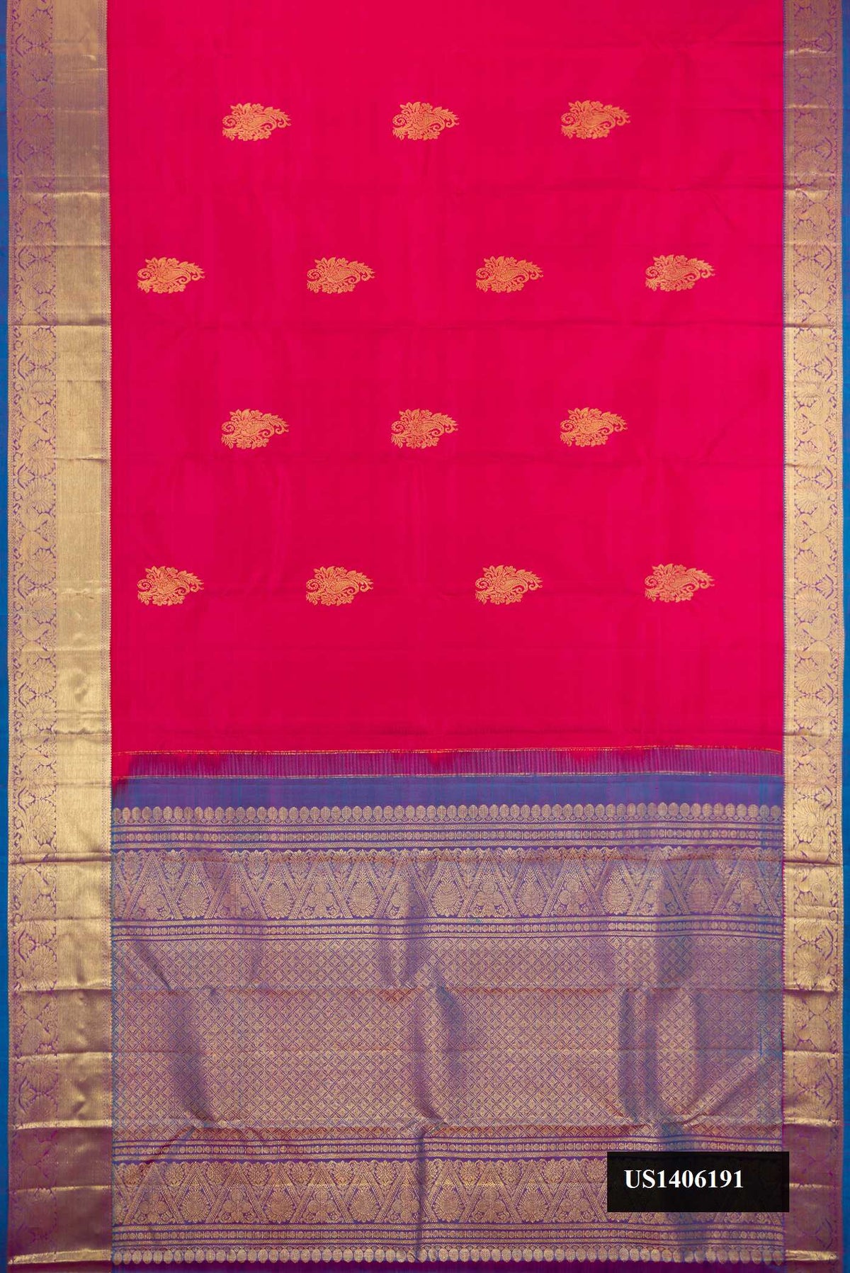 Dark Pink Dual Tone Kanchipuram Silk Saree with Zari Butta on the body and Zari Border.  displayed on a mannequin