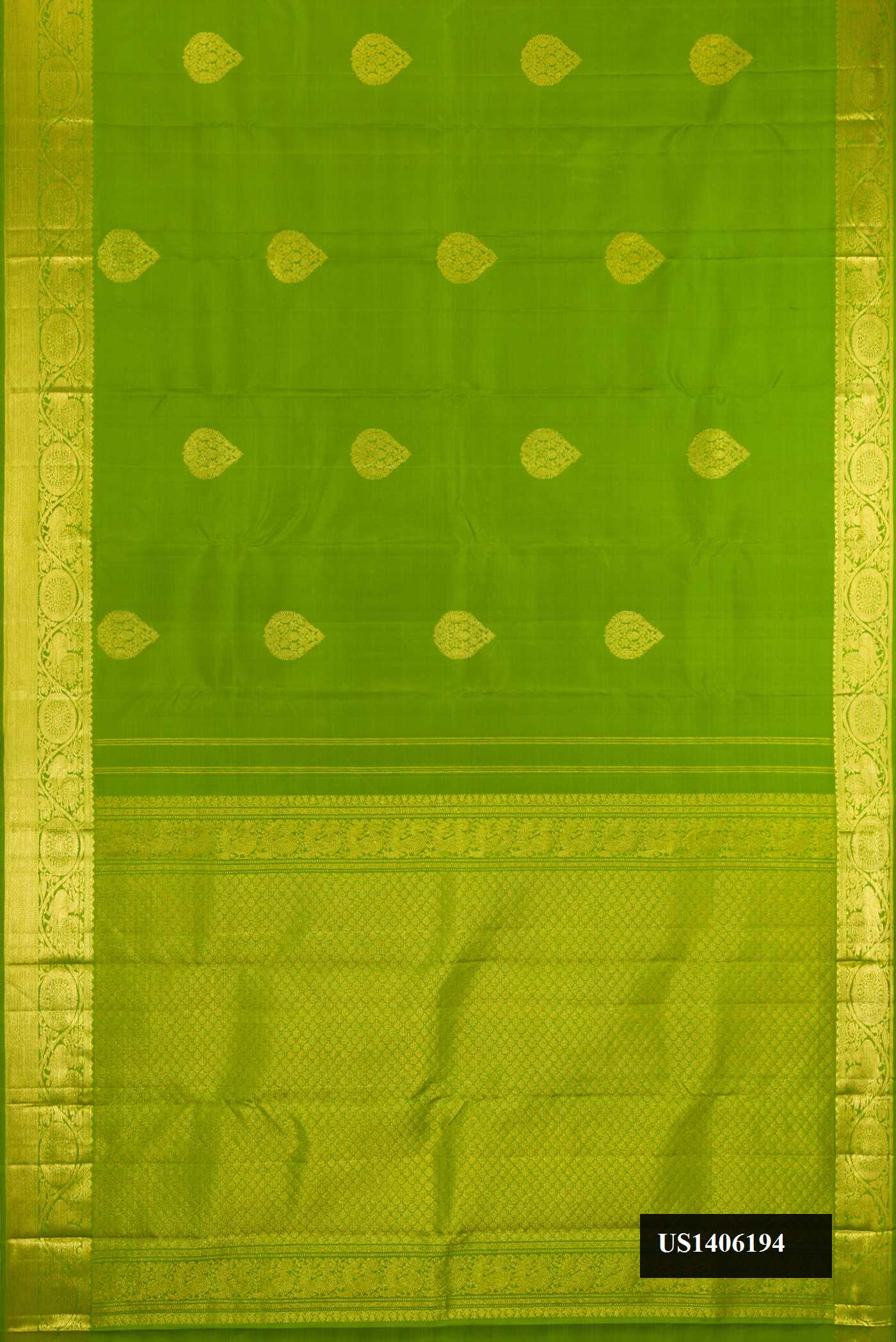 Parrot Green Dual Tone Kanchipuram Silk Saree with Zari Butta on the body and Zari Border.  displayed on a mannequin