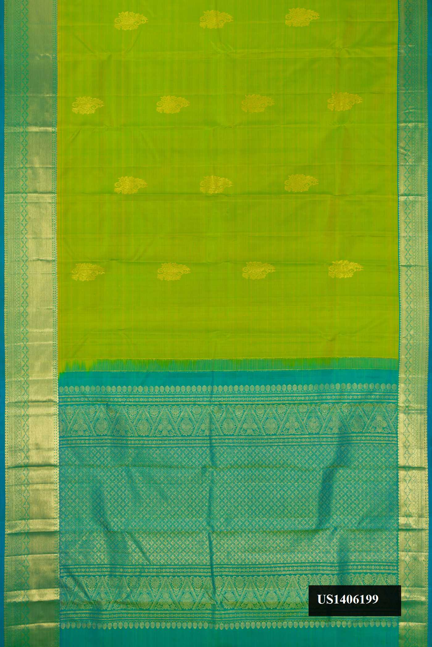 Parrot Green Dual Tone Kanchipuram Silk Saree with Zari Butta on the body and Zari Border.  displayed on a mannequin