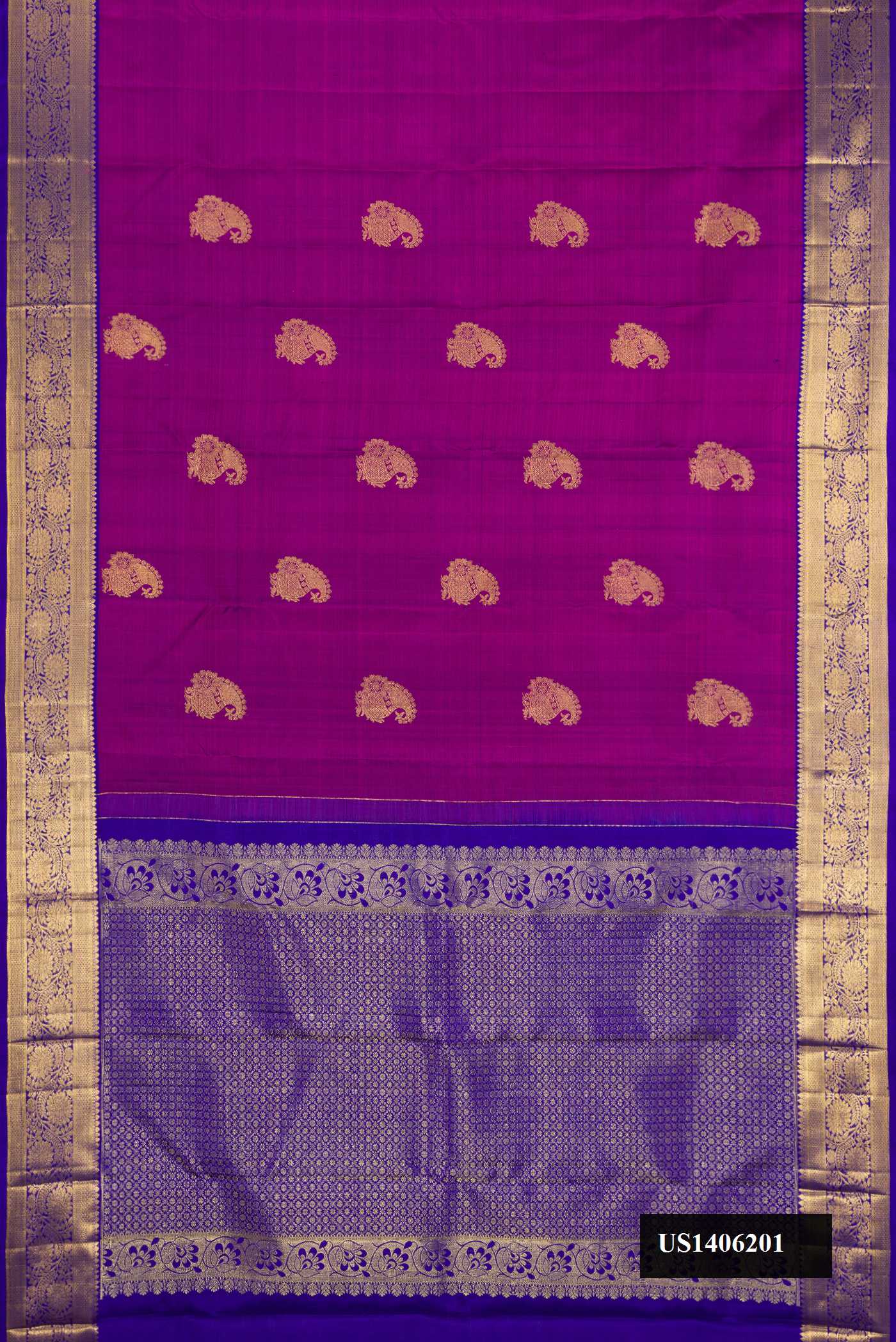 Purple Dual Tone Kanchipuram Silk Saree with Zari Butta on the body and Zari Border.  displayed on a mannequin