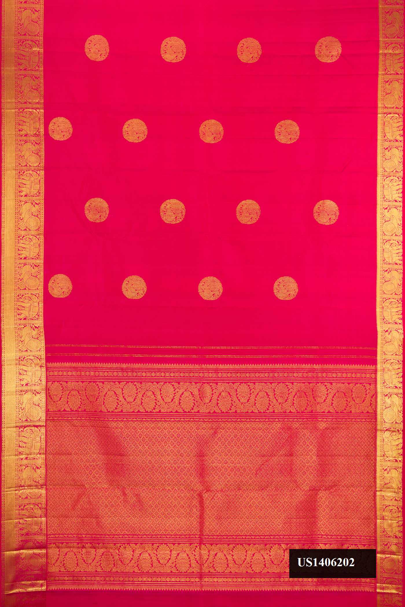 Dark Pink Dual Tone Kanchipuram Silk Saree with Zari Butta on the body and Zari Border.  displayed on a mannequin