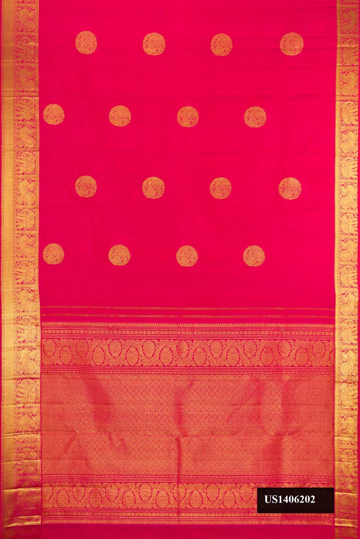 Dark Pink Dual Tone Kanchipuram Silk Saree with Zari Butta on the body and Zari Border.  displayed on a mannequin