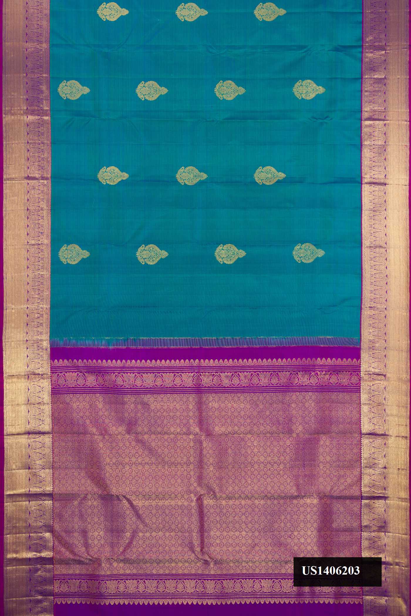Peacock Blue Dual Tone Kanchipuram Silk Saree with Zari Butta on the body and Zari Border.  displayed on a mannequin