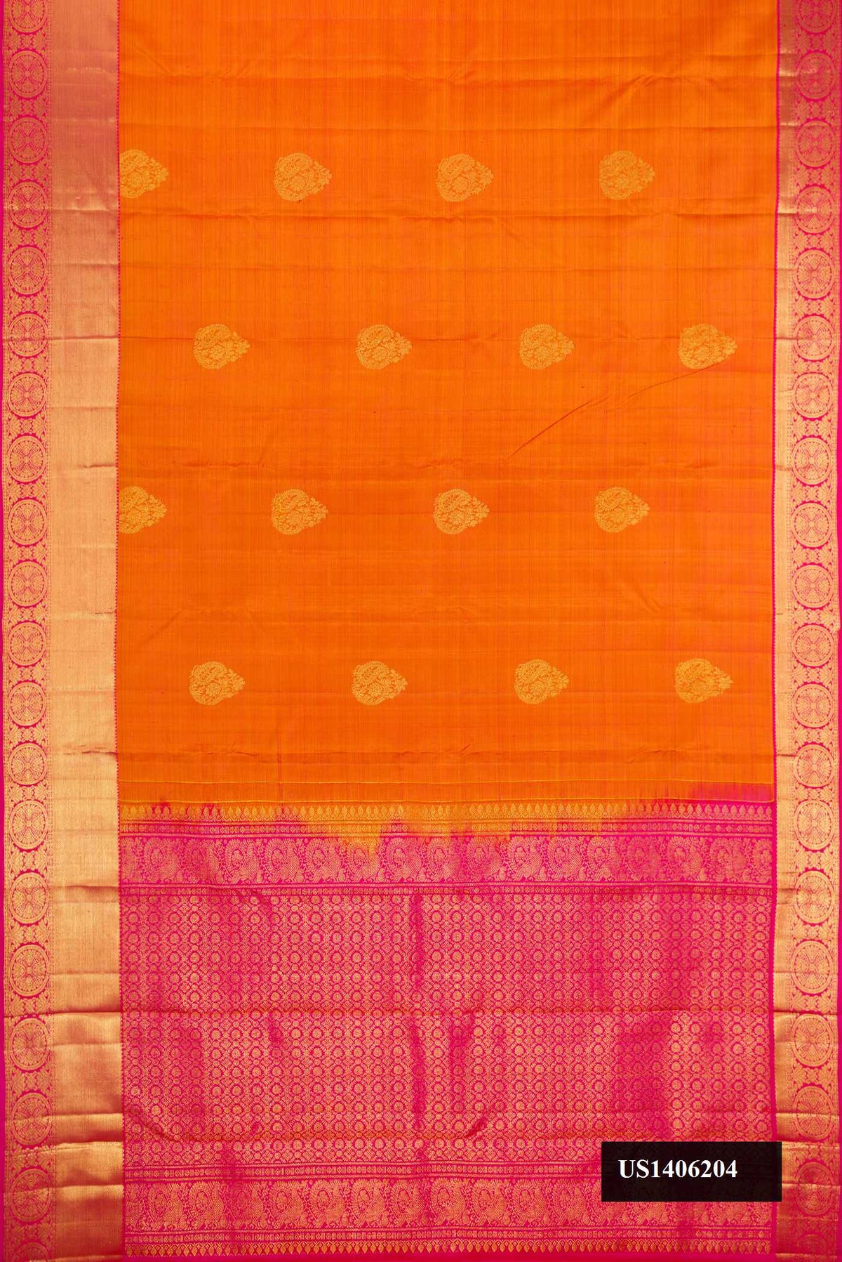 Mustard Dual Tone Kanchipuram Silk Saree with Zari Butta on the body and Zari Border.  displayed on a mannequin