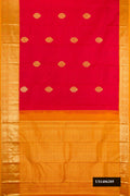 Red Dual Tone Kanchipuram Silk Saree with Zari Butta on the body and Zari Border.  displayed on a mannequin