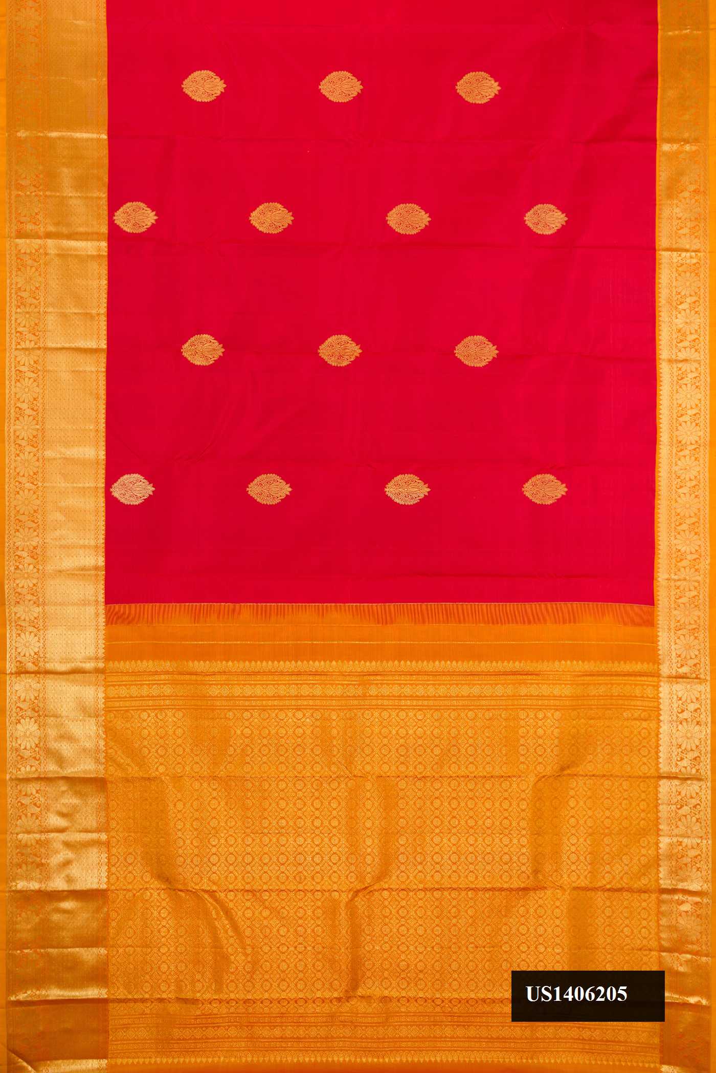 Red Dual Tone Kanchipuram Silk Saree with Zari Butta on the body and Zari Border.  displayed on a mannequin