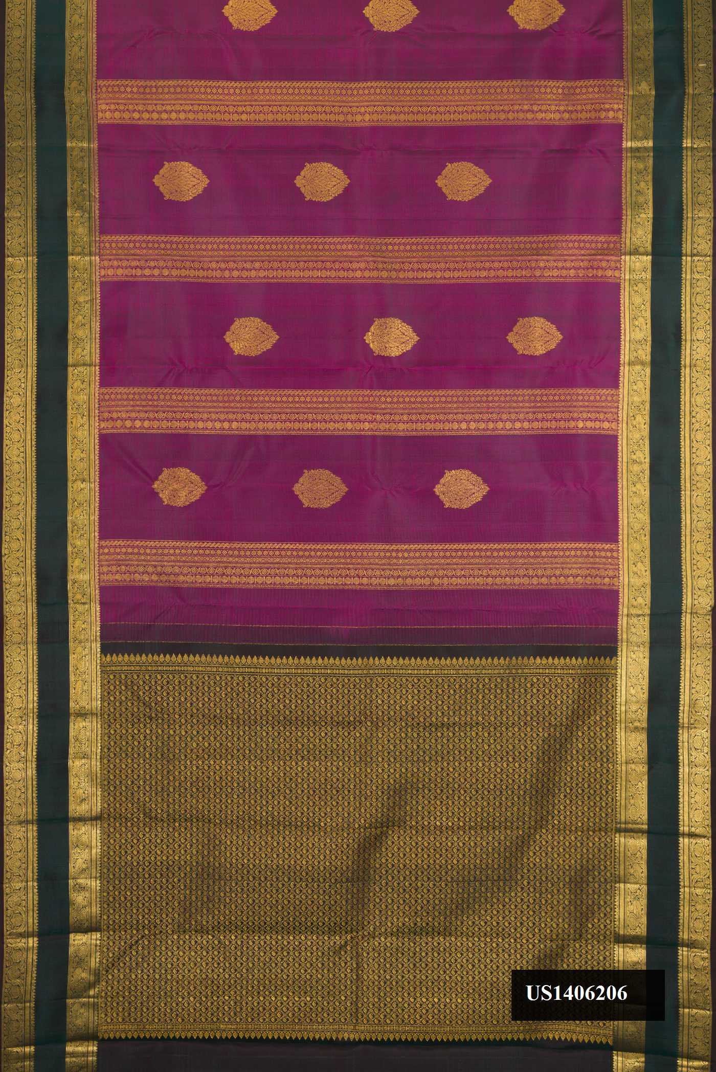 Purple Dual Tone Kanchipuram Silk Saree with Zari Butta on the body and Zari Border.  displayed on a mannequin