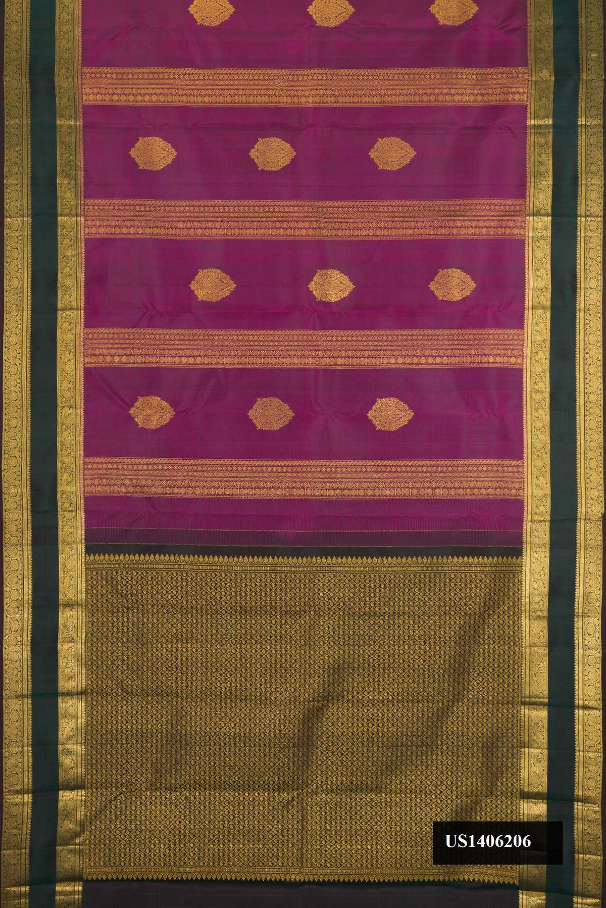Purple Dual Tone Kanchipuram Silk Saree with Zari Butta on the body and Zari Border.  displayed on a mannequin