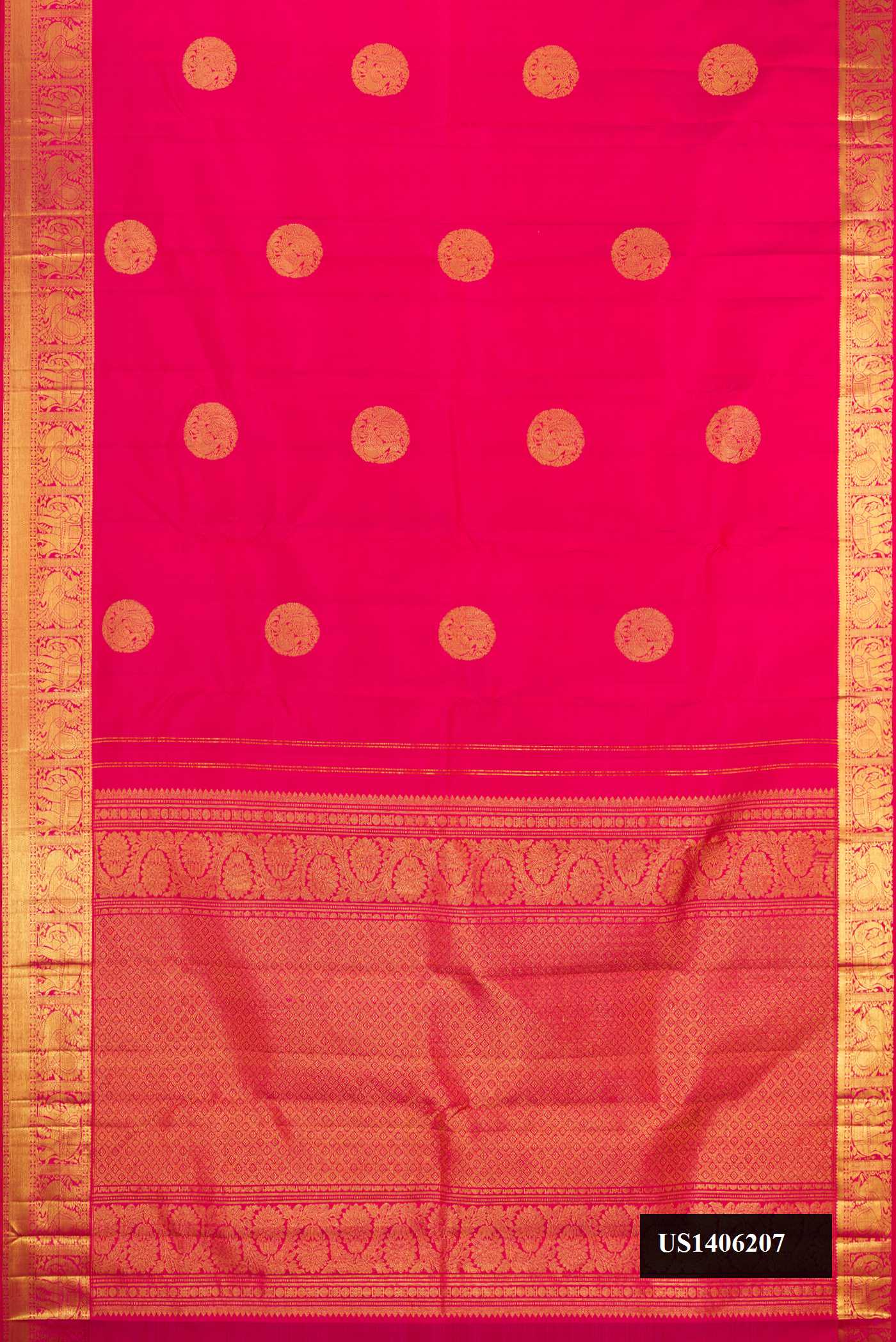 Dark Pink Dual Tone Kanchipuram Silk Saree with Zari Butta on the body and Zari Border.  displayed on a mannequin