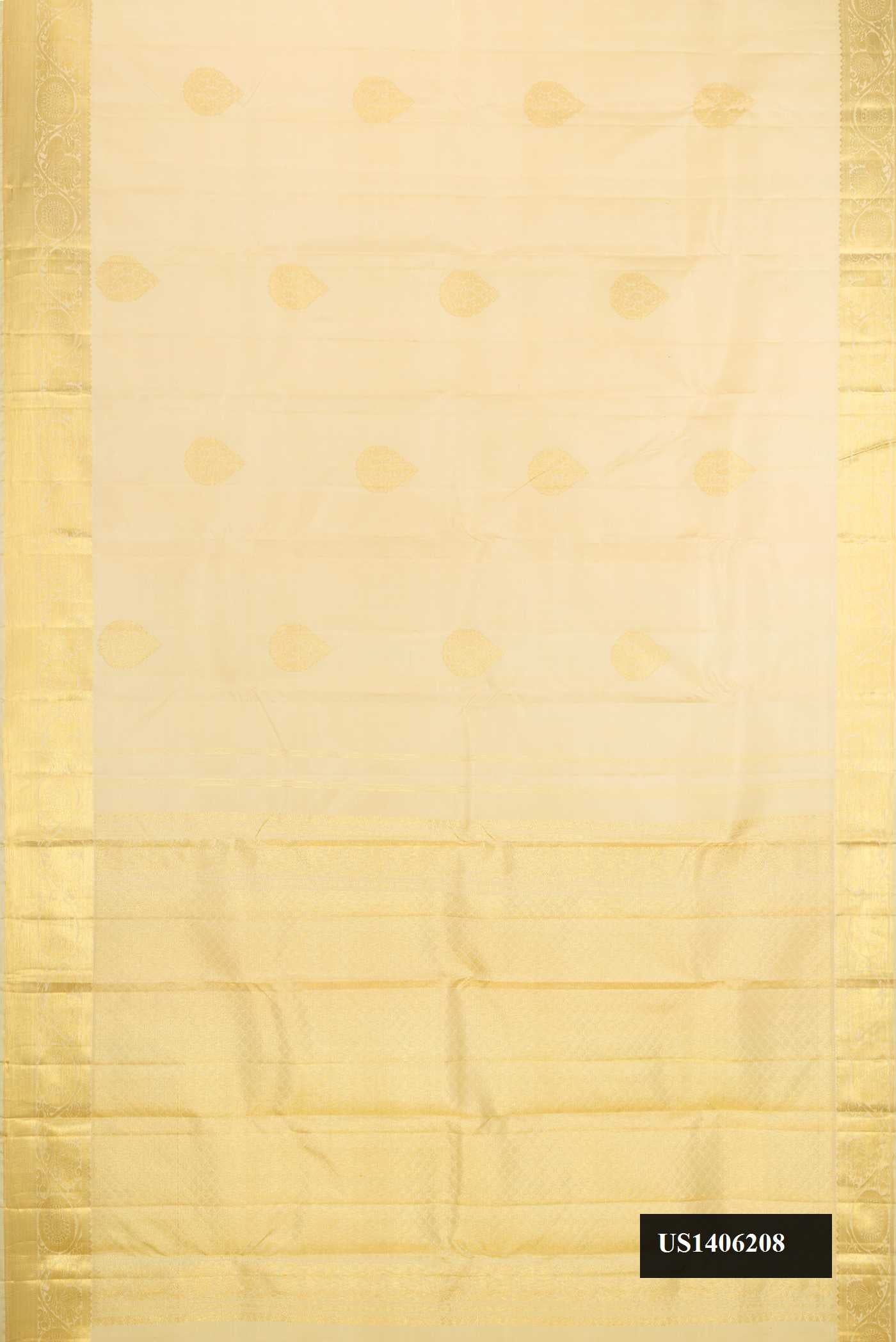 Beige Dual Tone Kanchipuram Silk Saree with Zari Butta on the body and Zari Border.  displayed on a mannequin