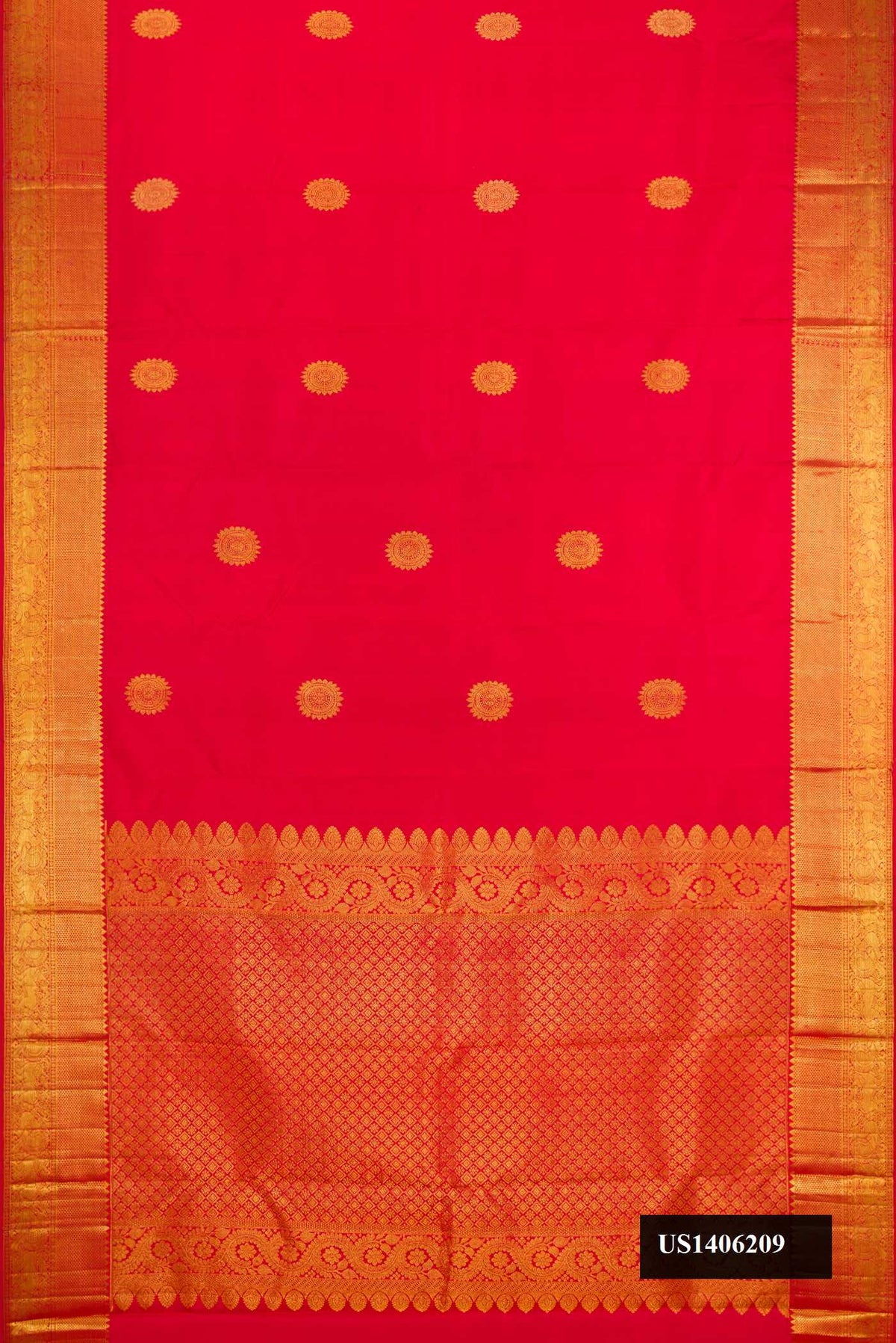 Red Dual Tone Kanchipuram Silk Saree with Zari Butta on the body and Zari Border.  displayed on a mannequin