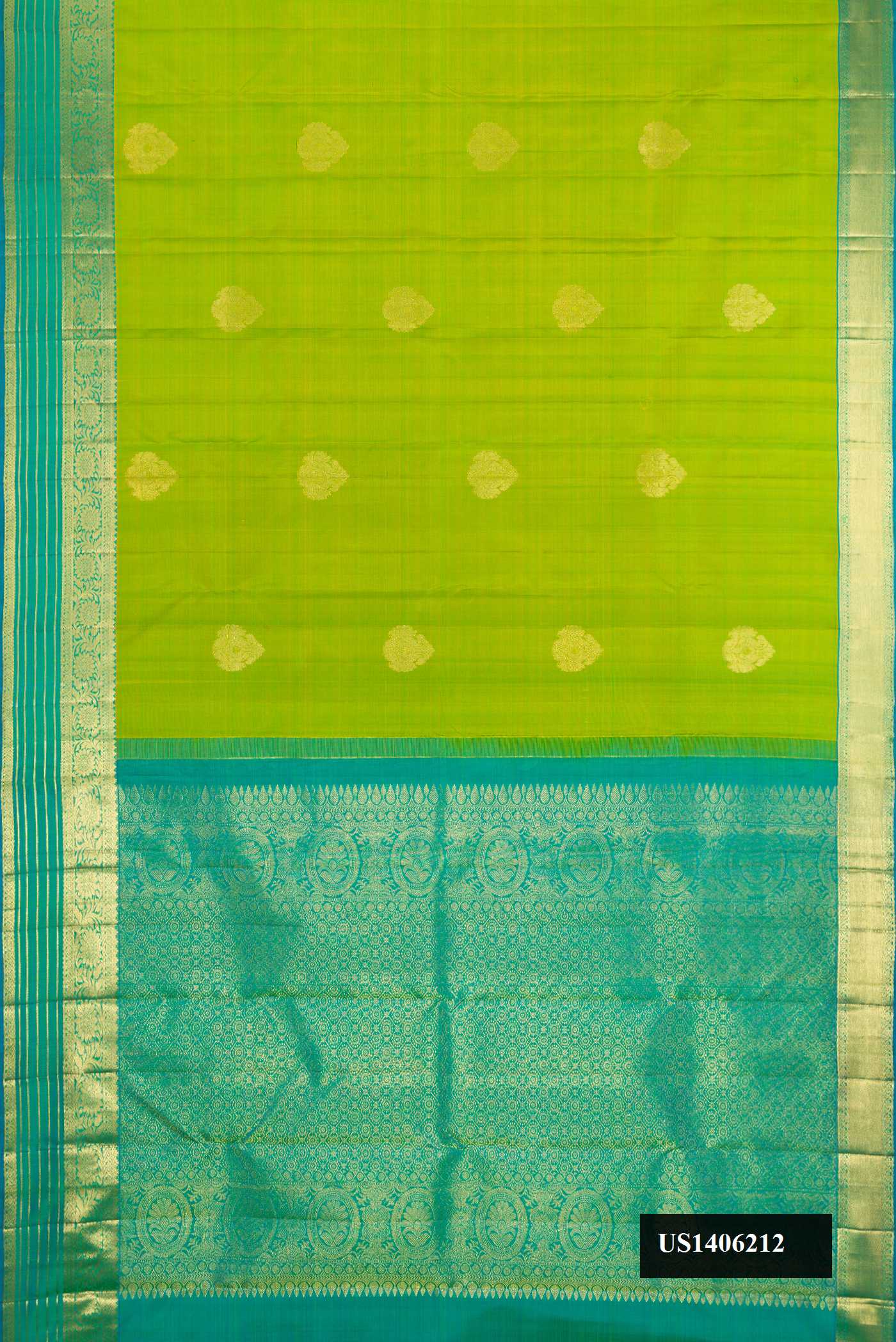 Parrot Green Dual Tone Kanchipuram Silk Saree with Zari Butta on the body and Zari Border.  displayed on a mannequin