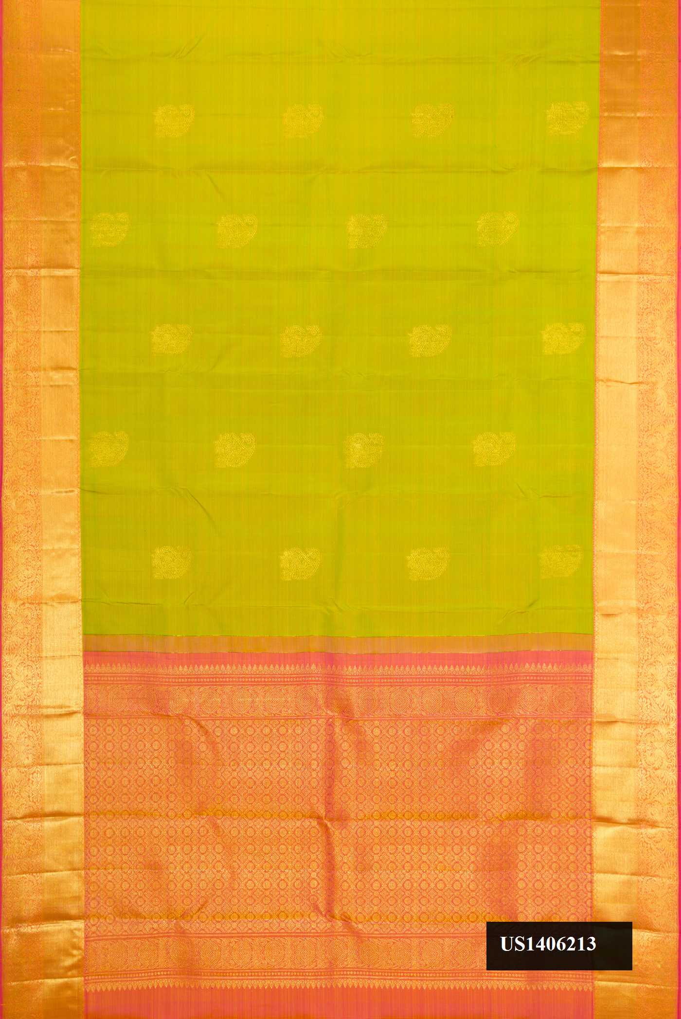 Parrot Green Dual Tone Kanchipuram Silk Saree with Zari Butta on the body and Zari Border.  displayed on a mannequin