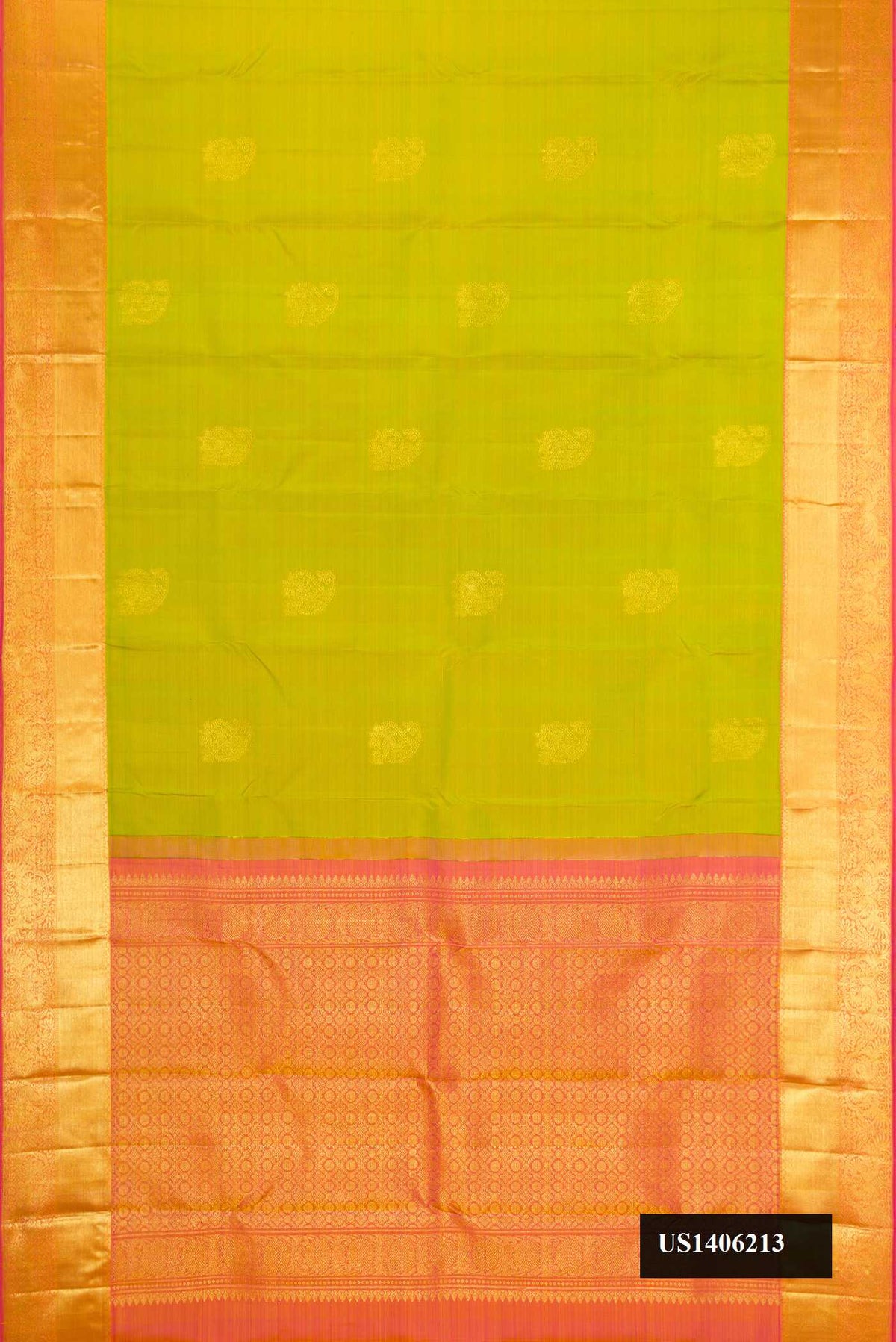 Parrot Green Dual Tone Kanchipuram Silk Saree with Zari Butta on the body and Zari Border.  displayed on a mannequin