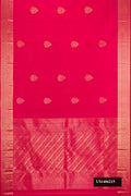 Dark Pink Dual Tone Kanchipuram Silk Saree with Zari Butta on the body and Zari Border.  displayed on a mannequin