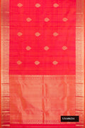 Coral Dual Tone Kanchipuram Silk Saree with Zari Butta on the body and Zari Border.  displayed on a mannequin