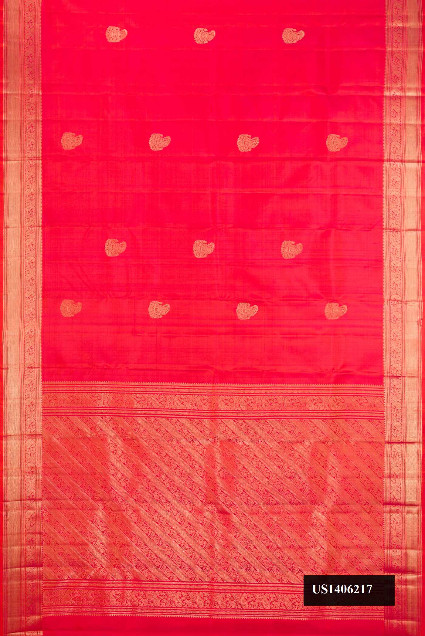 Coral Dual Tone Kanchipuram Silk Saree with Zari Butta on the body and Zari Border.  displayed on a mannequin