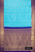 Sky Blue Dual Tone Kanchipuram Silk Saree with Zari Butta on the body and Zari Border.  displayed on a mannequin